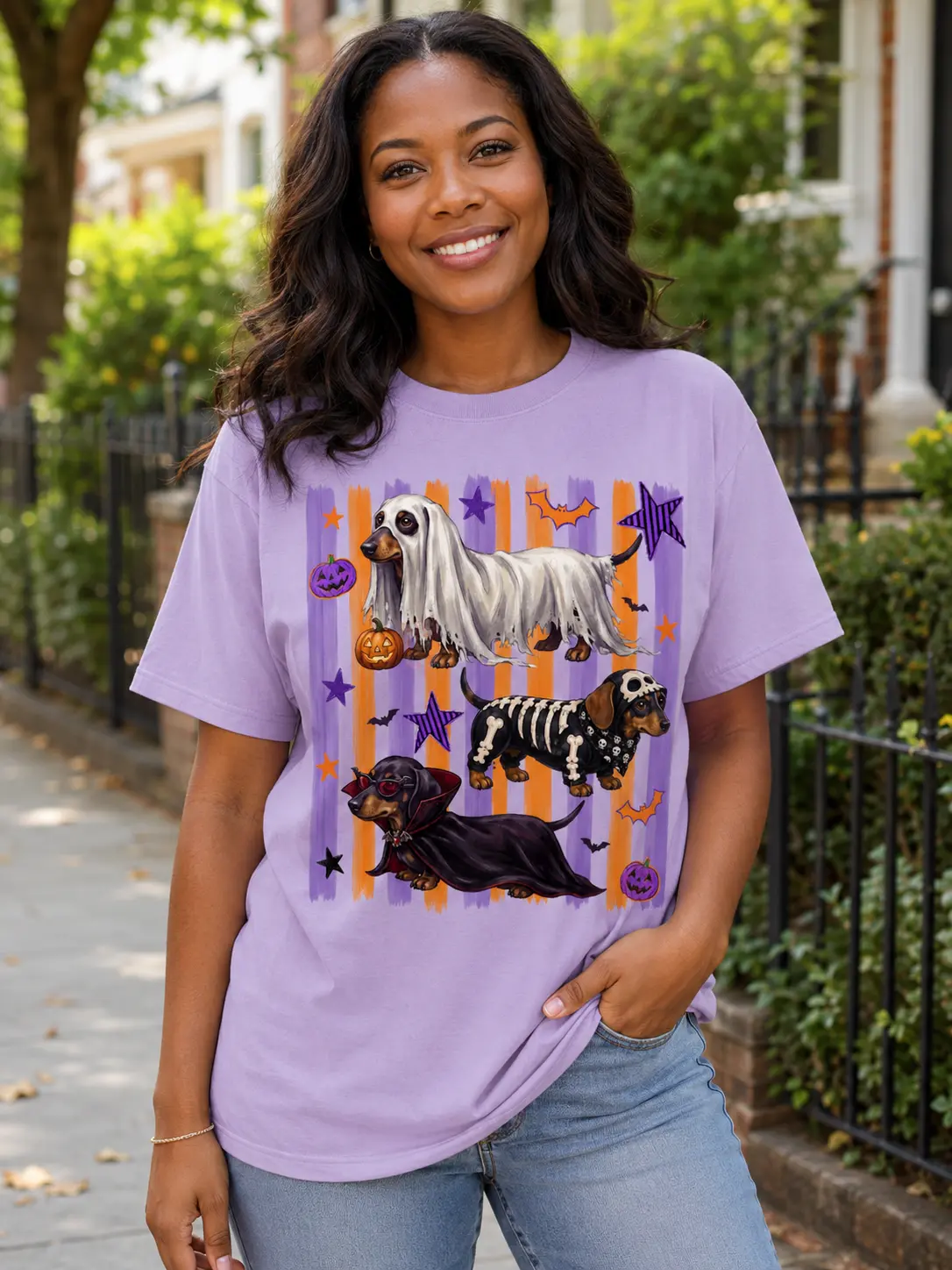 Women's Halloween Dachshund Graphic T-Shirt, Casual Cotton Short Sleeve Tee for Dog Moms - photo 5