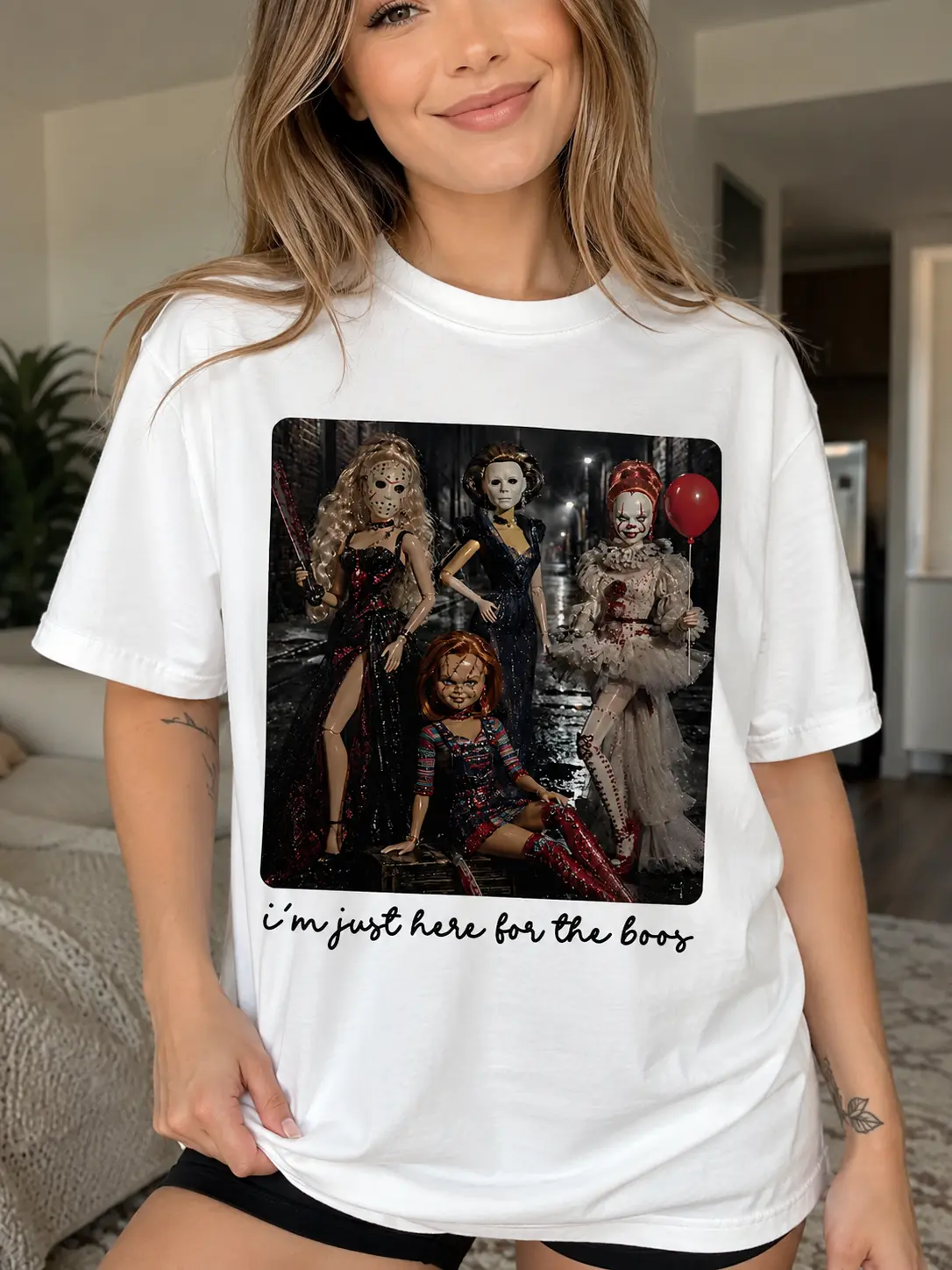 Women's I'm Just Here for the Boos Halloween T-Shirt, Funny Graphic Print Tee, Short Sleeve Round Neck Cotton Casual Top