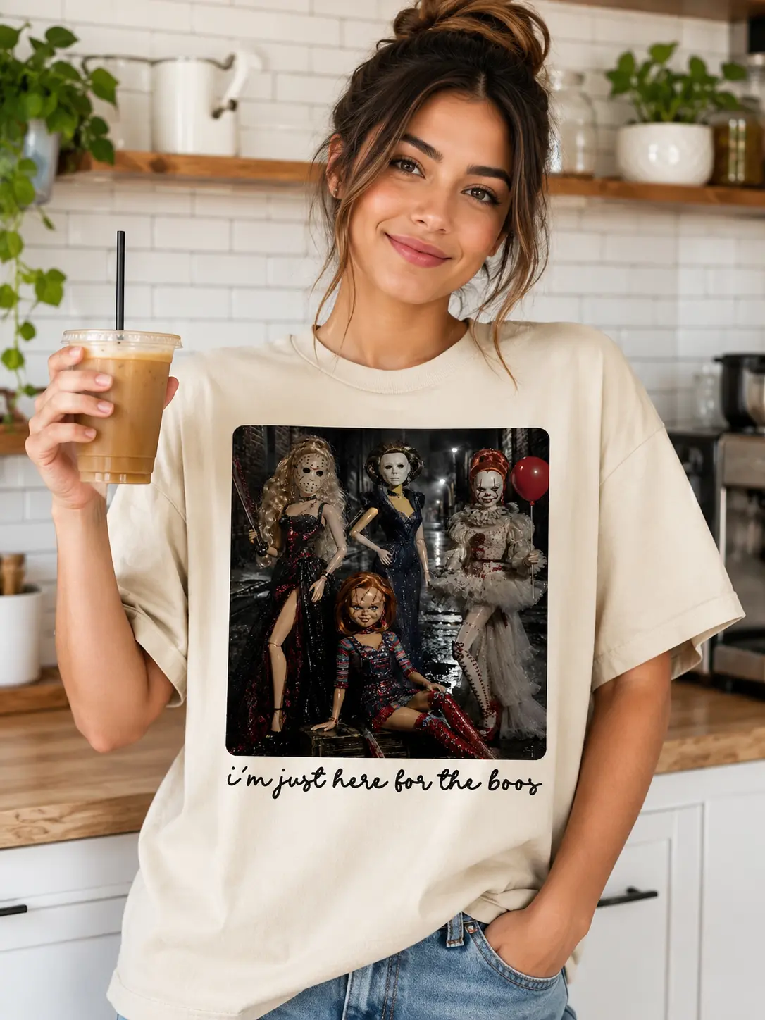 Women's I'm Just Here for the Boos Halloween T-Shirt, Funny Graphic Print Tee, Short Sleeve Round Neck Cotton Casual Top - photo 2