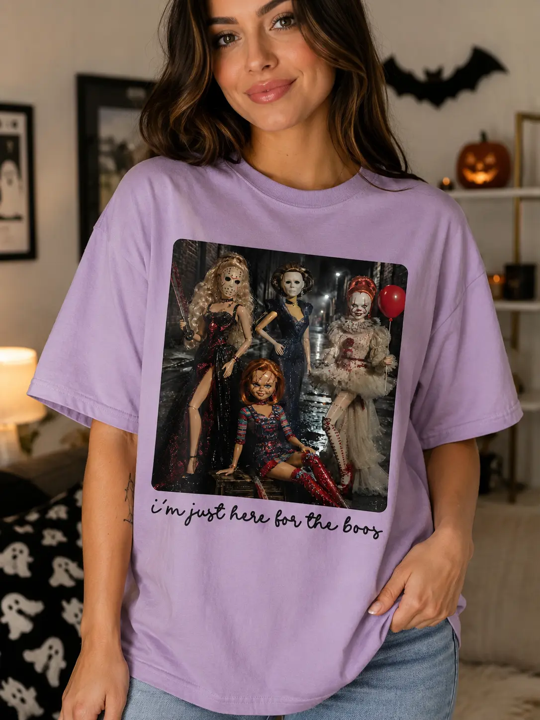 Women's I'm Just Here for the Boos Halloween T-Shirt, Funny Graphic Print Tee, Short Sleeve Round Neck Cotton Casual Top - photo 3