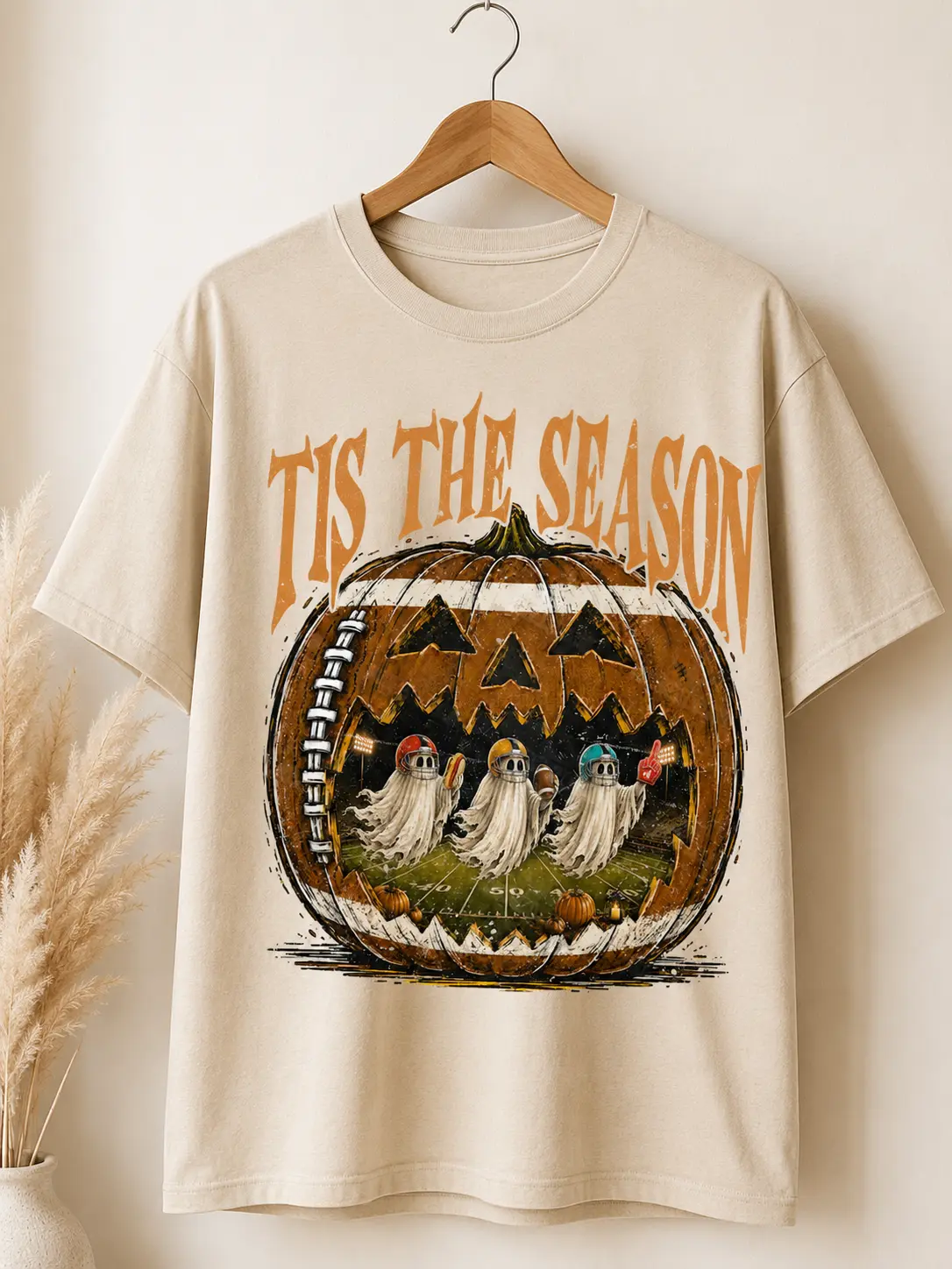 Women's Round Neck Casual Streetwear Shirt, Ghost and Pumpkin Graphics, Football Touchdown Season Top