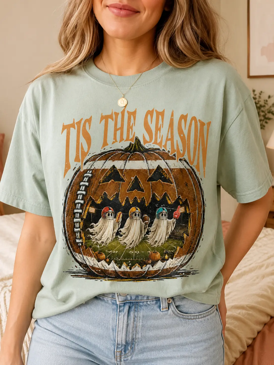 Women's Round Neck Casual Streetwear Shirt, Ghost and Pumpkin Graphics, Football Touchdown Season Top - photo 2