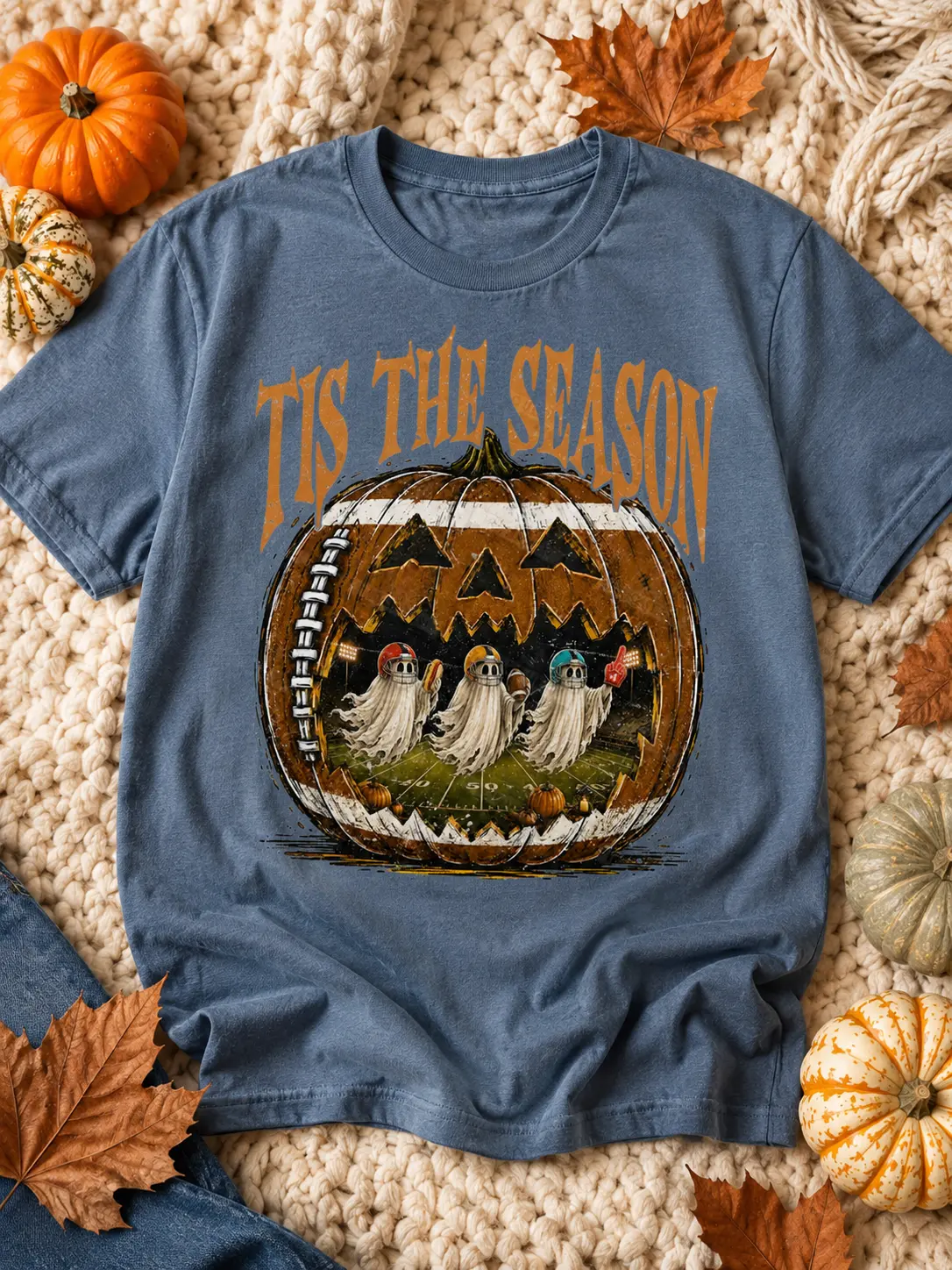 Women's Round Neck Casual Streetwear Shirt, Ghost and Pumpkin Graphics, Football Touchdown Season Top - photo 3