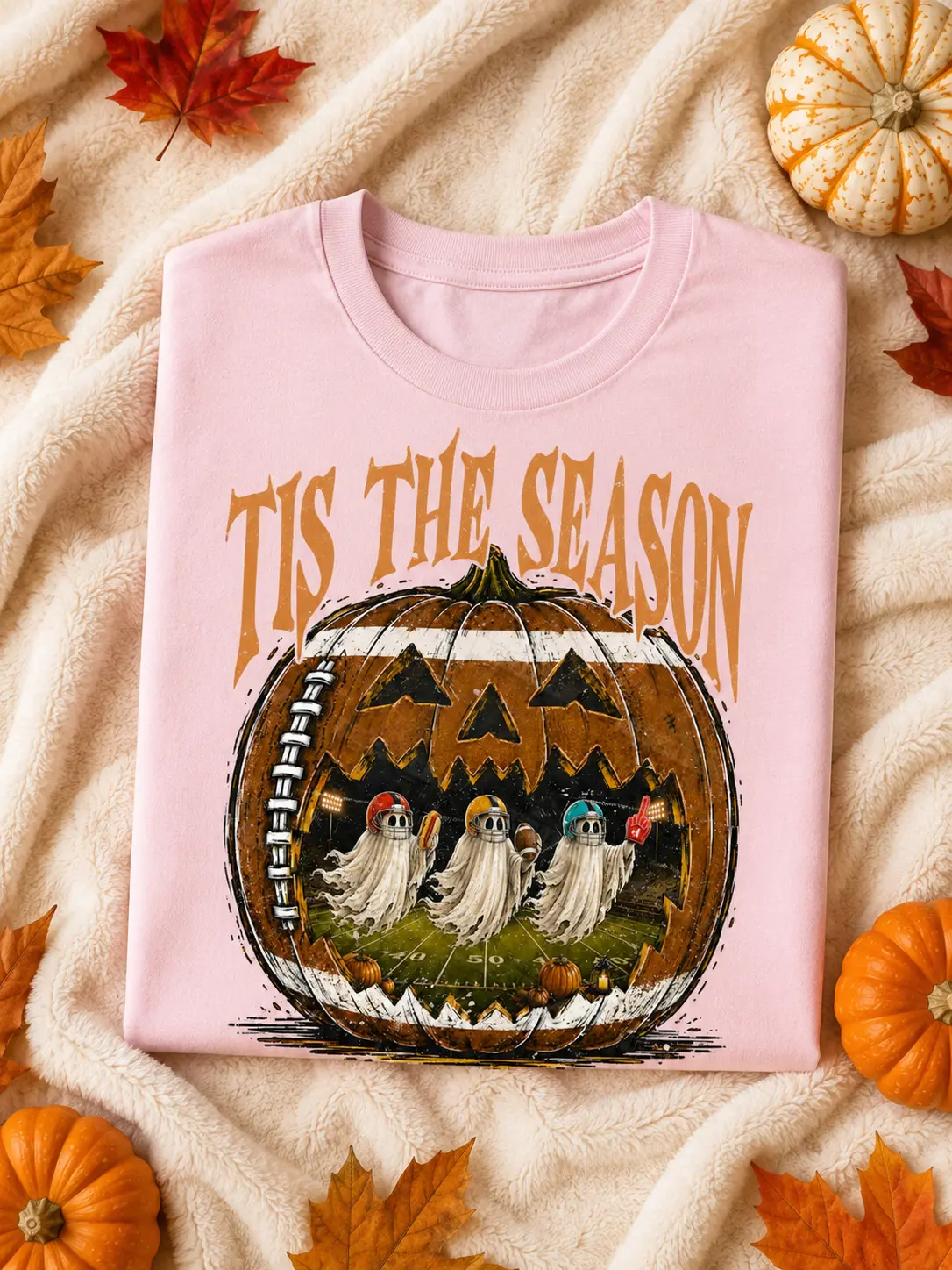 Women's Round Neck Casual Streetwear Shirt, Ghost and Pumpkin Graphics, Football Touchdown Season Top - photo 4