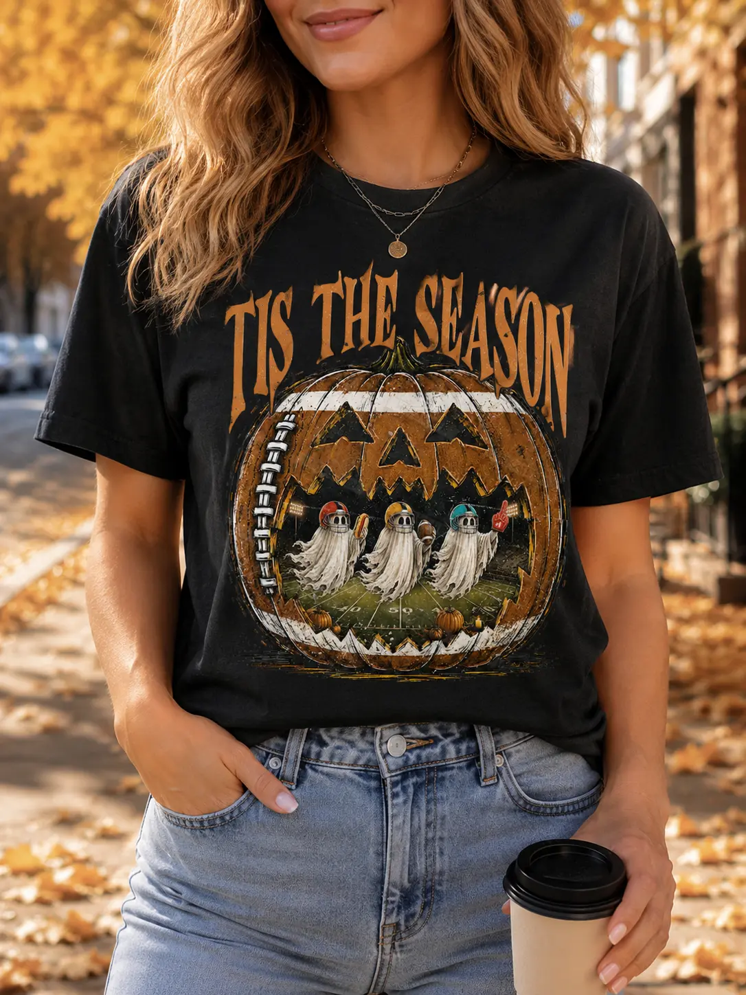 Women's Round Neck Casual Streetwear Shirt, Ghost and Pumpkin Graphics, Football Touchdown Season Top - photo 5