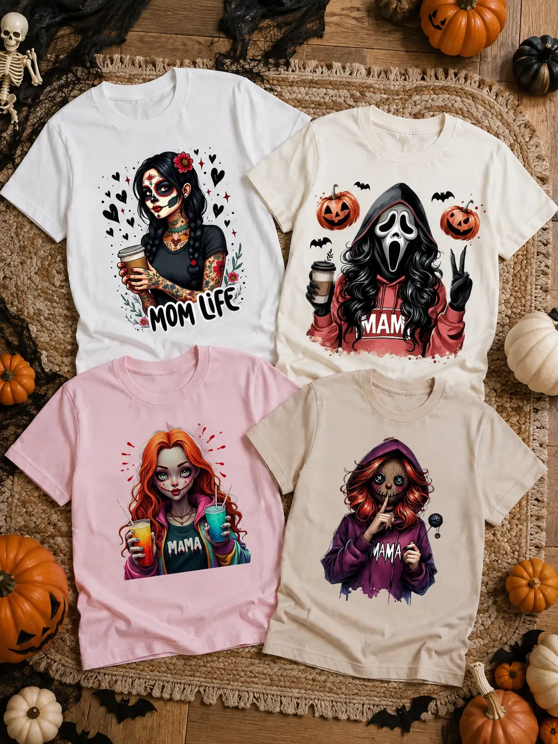 Women's Short-Sleeve Cotton Blend Classic Fit Halloween Mama T-Shirt - Round Neck Spooky Mom Life Graphic Top