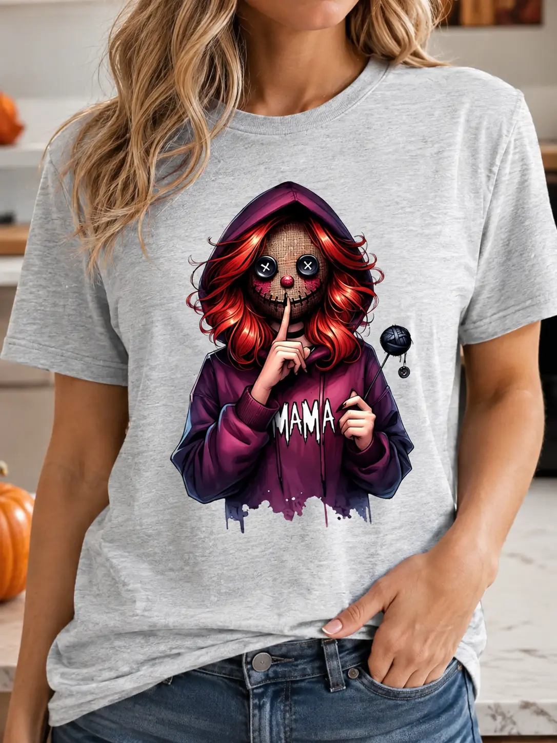 Women's Short-Sleeve Cotton Blend Classic Fit Halloween Mama T-Shirt - Round Neck Spooky Mom Life Graphic Top - photo 2