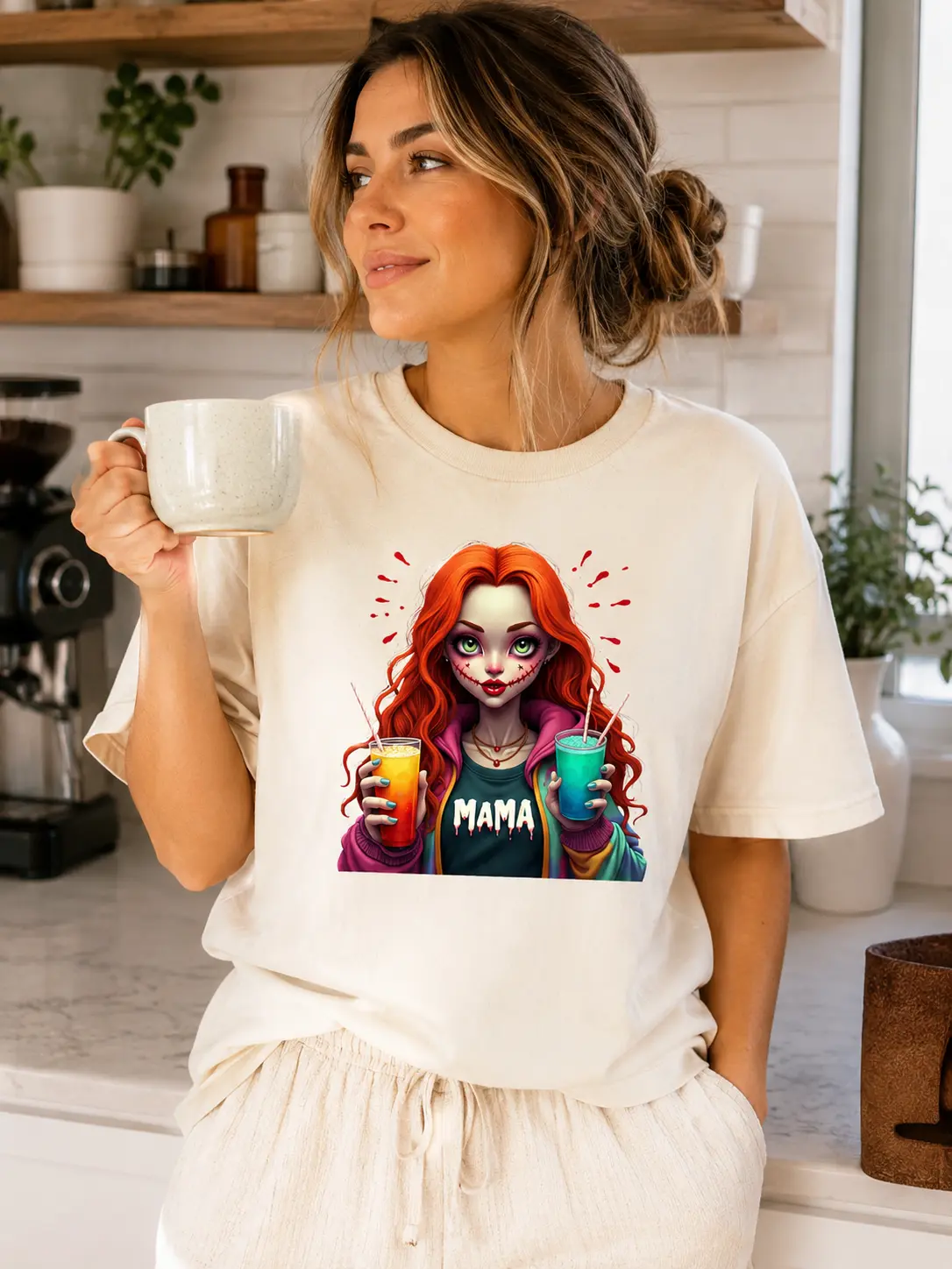 Women's Short-Sleeve Cotton Blend Classic Fit Halloween Mama T-Shirt - Round Neck Spooky Mom Life Graphic Top - photo 3