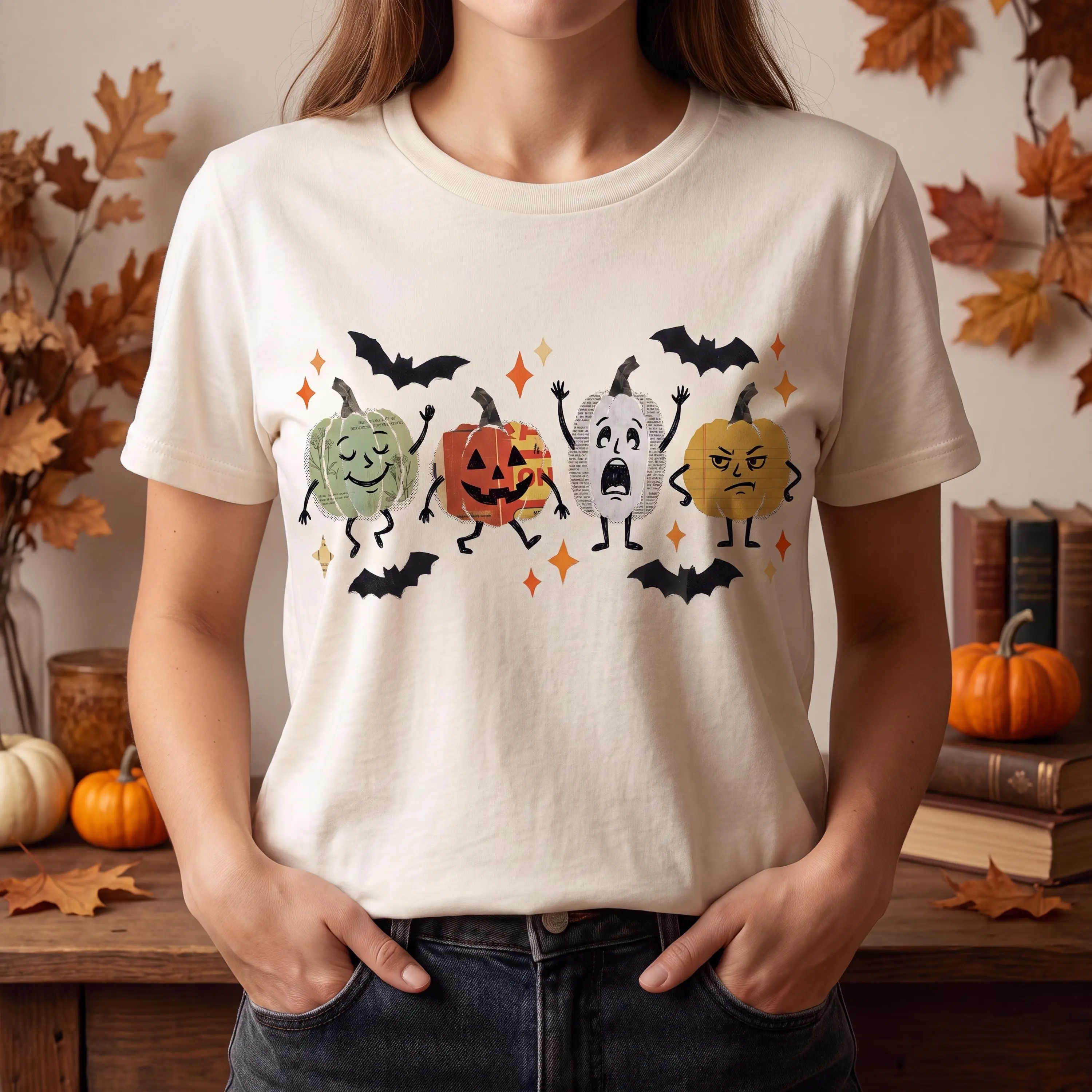 Women's Halloween Doodle Graphic Shirt, Cute Smiling Pumpkin Ghost Treats Print Tee, Garment Dyed Relaxed Fit Short Sleeve Top
