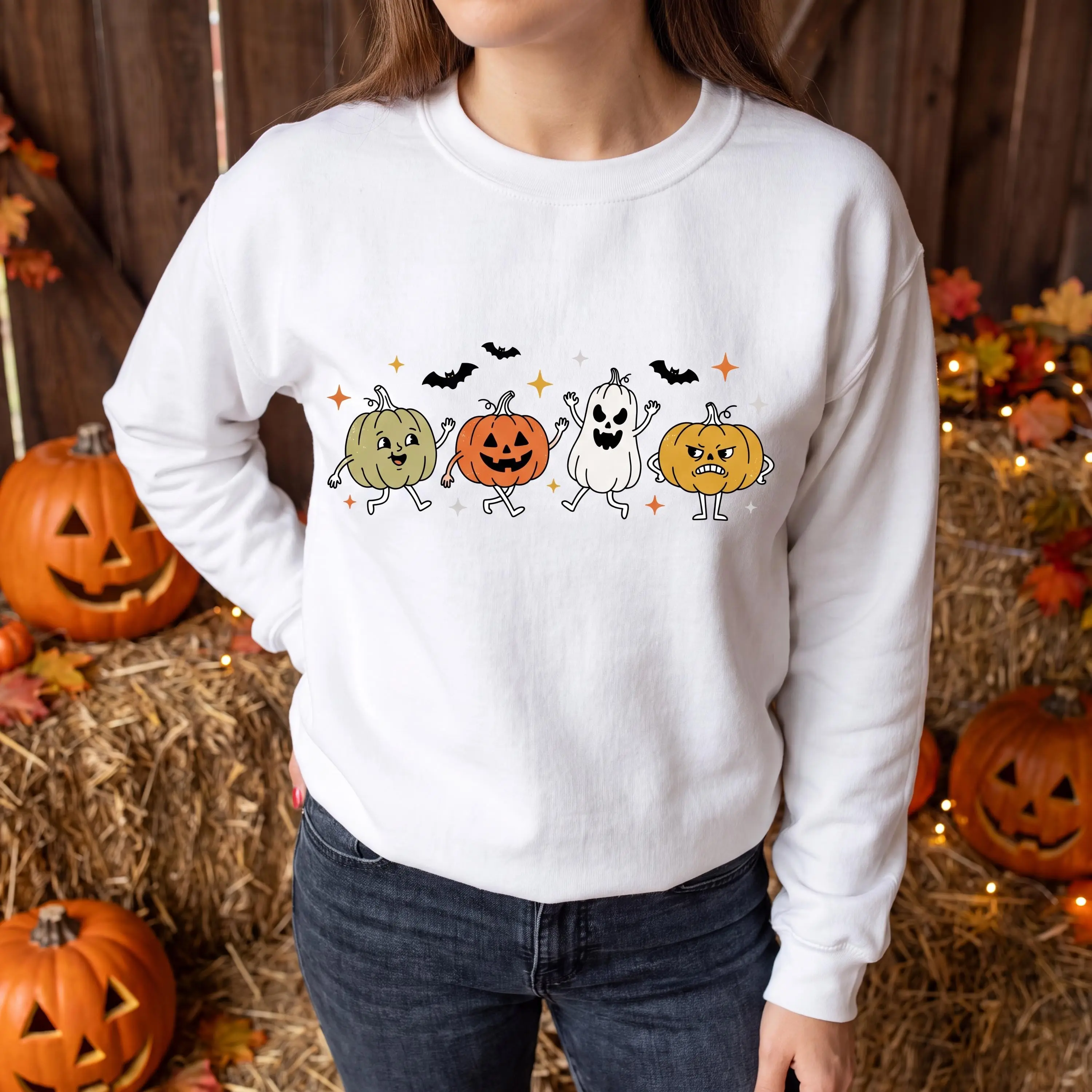 Women's Halloween Doodle Graphic Shirt, Cute Smiling Pumpkin Ghost Treats Print Tee, Garment Dyed Relaxed Fit Short Sleeve Top - photo 2