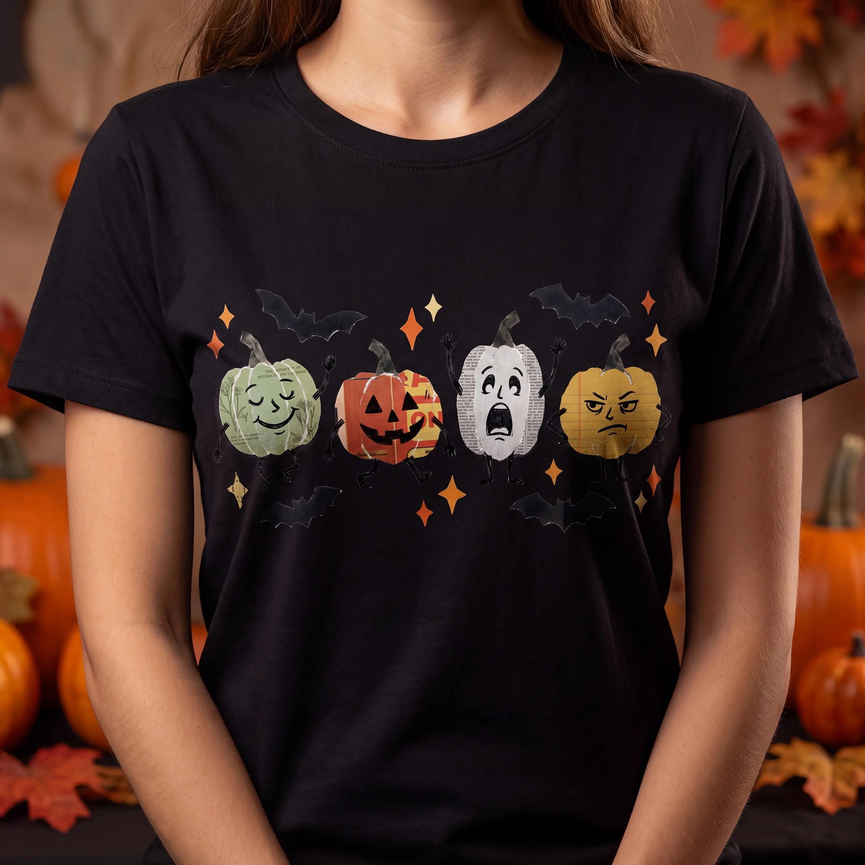 Women's Halloween Doodle Graphic Shirt, Cute Smiling Pumpkin Ghost Treats Print Tee, Garment Dyed Relaxed Fit Short Sleeve Top - photo 3