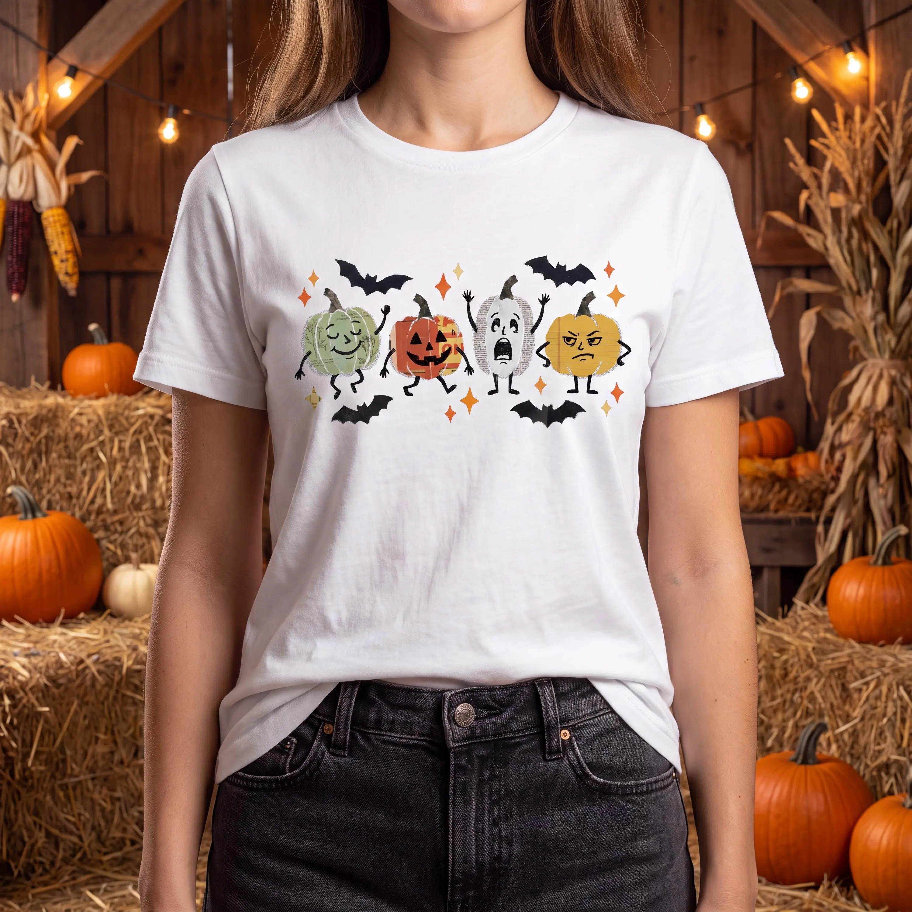 Women's Halloween Doodle Graphic Shirt, Cute Smiling Pumpkin Ghost Treats Print Tee, Garment Dyed Relaxed Fit Short Sleeve Top - photo 4