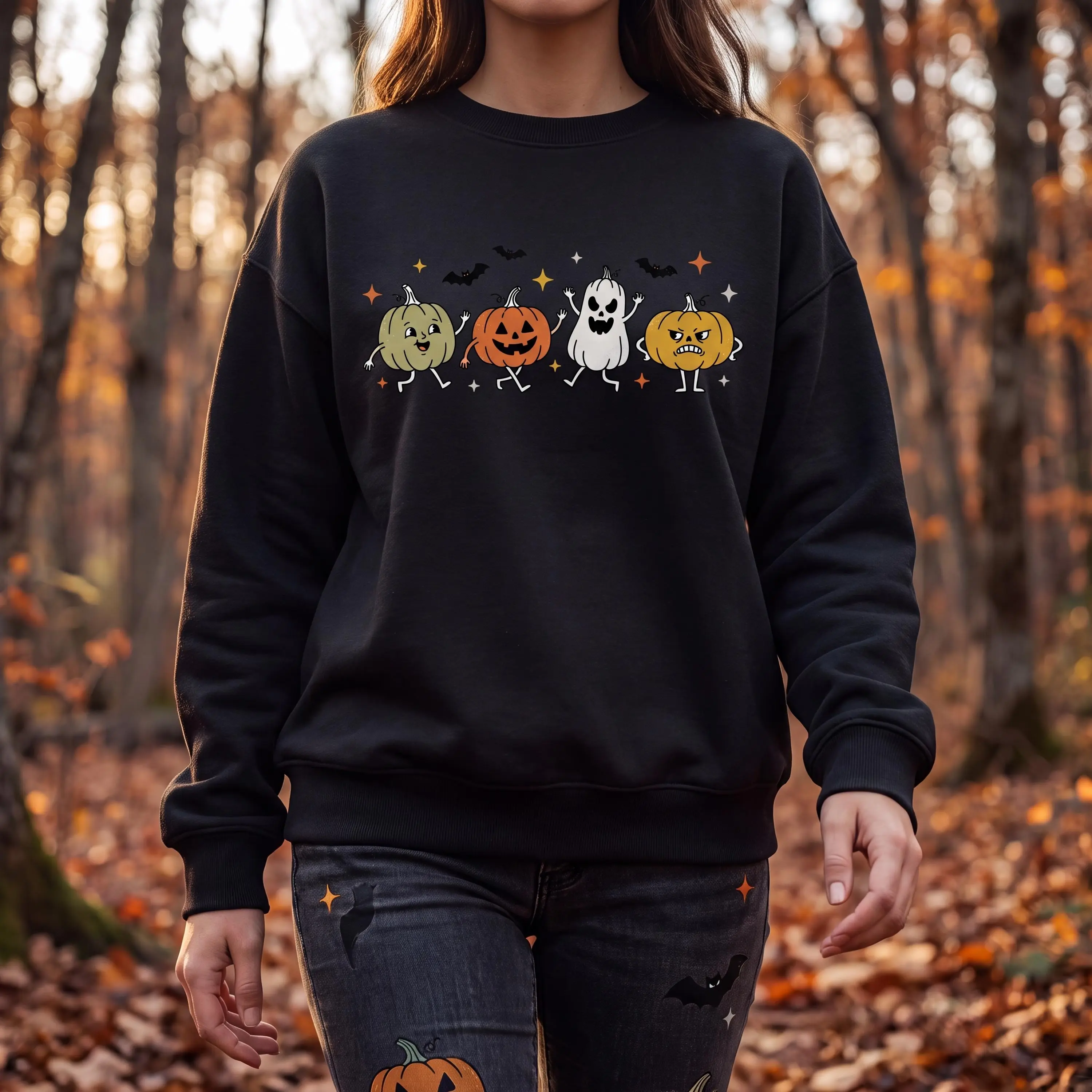 Women's Halloween Doodle Graphic Shirt, Cute Smiling Pumpkin Ghost Treats Print Tee, Garment Dyed Relaxed Fit Short Sleeve Top - photo 5