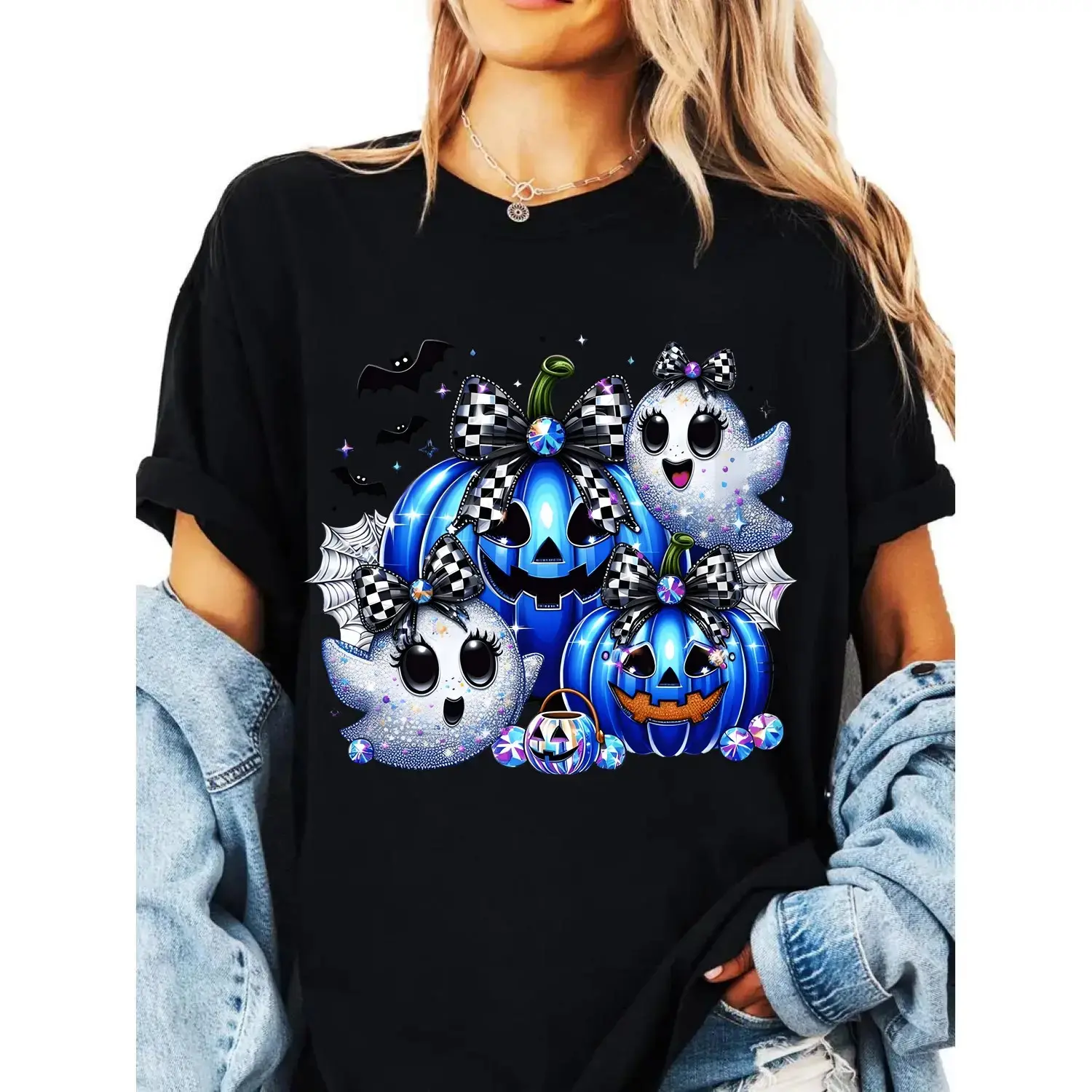 Women's Short Sleeve Round Neck Halloween Graphic Tee, Spooky Cute Ghost Blue Pumpkin Print T Shirt