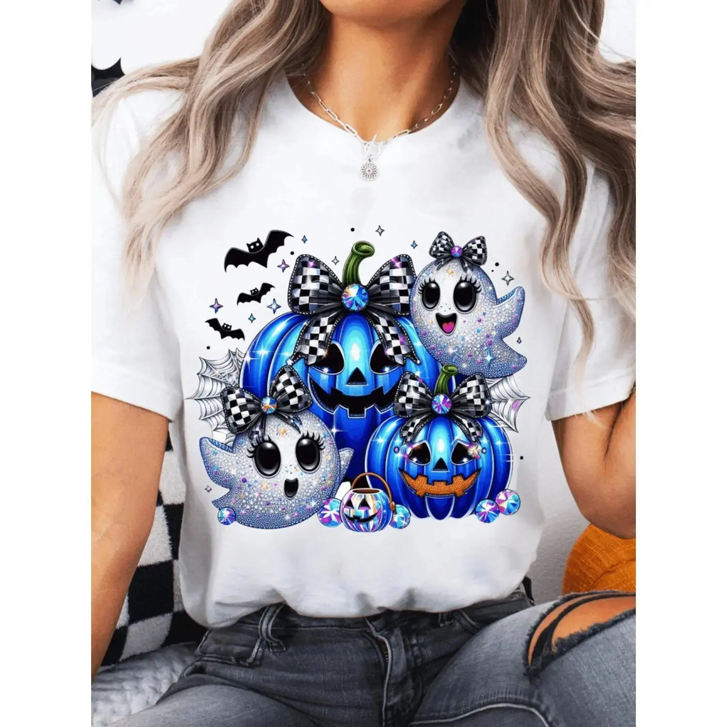 Women's Short Sleeve Round Neck Halloween Graphic Tee, Spooky Cute Ghost Blue Pumpkin Print T Shirt - photo 2