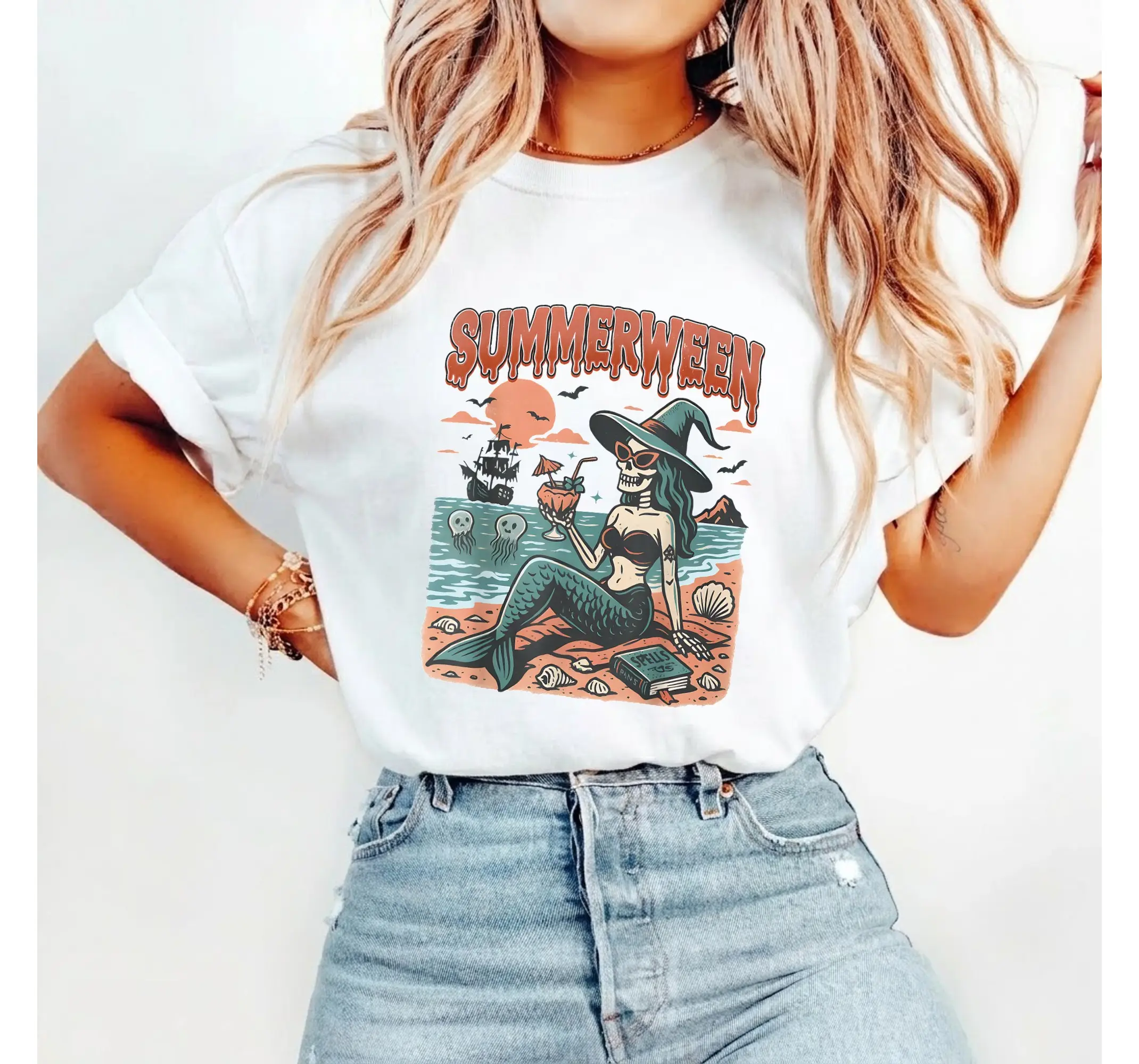 Women's Summerween Mermaid Skeleton T-Shirt, Vintage Cotton Short Sleeve Graphic Tee, Casual Streetwear Top - photo 2