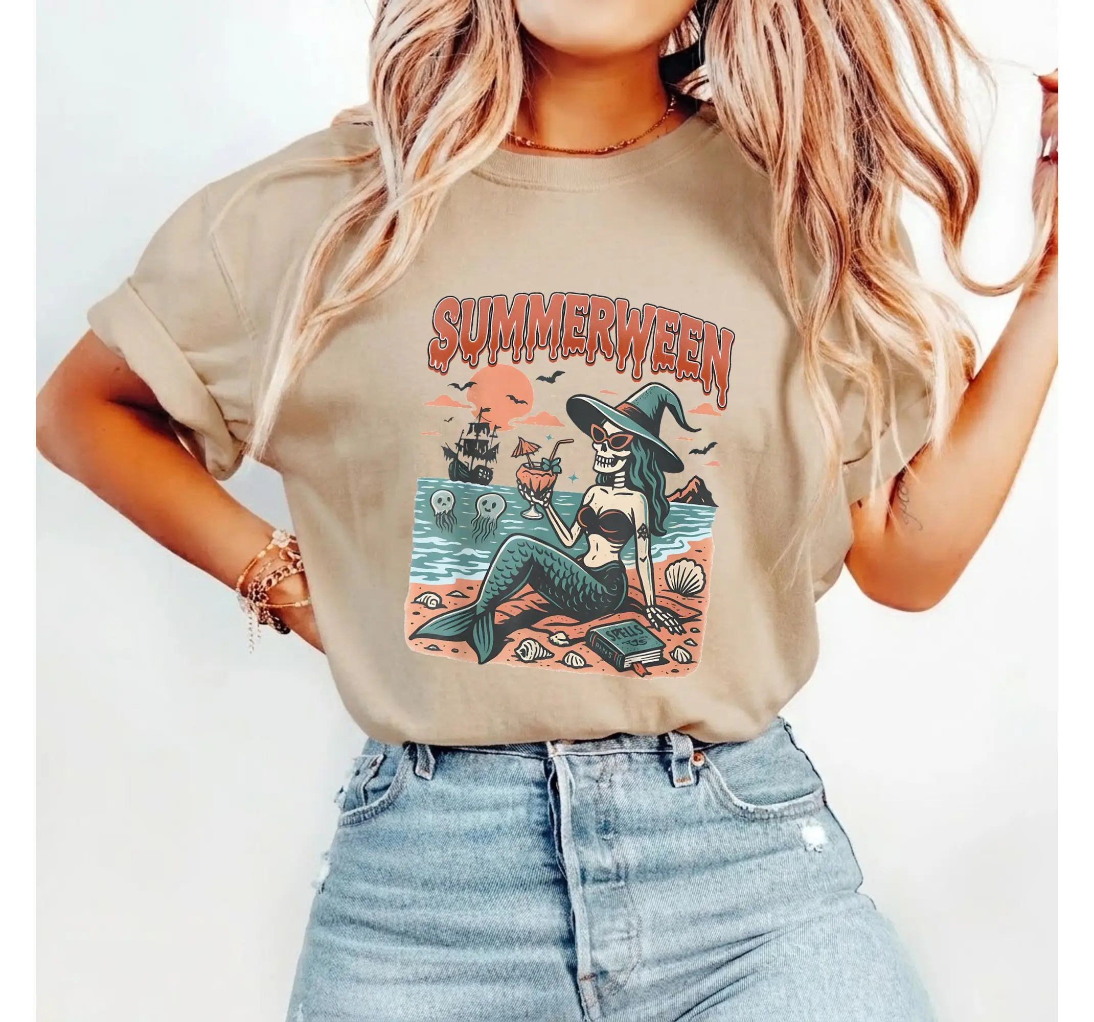 Women's Summerween Mermaid Skeleton T-Shirt, Vintage Cotton Short Sleeve Graphic Tee, Casual Streetwear Top - photo 3