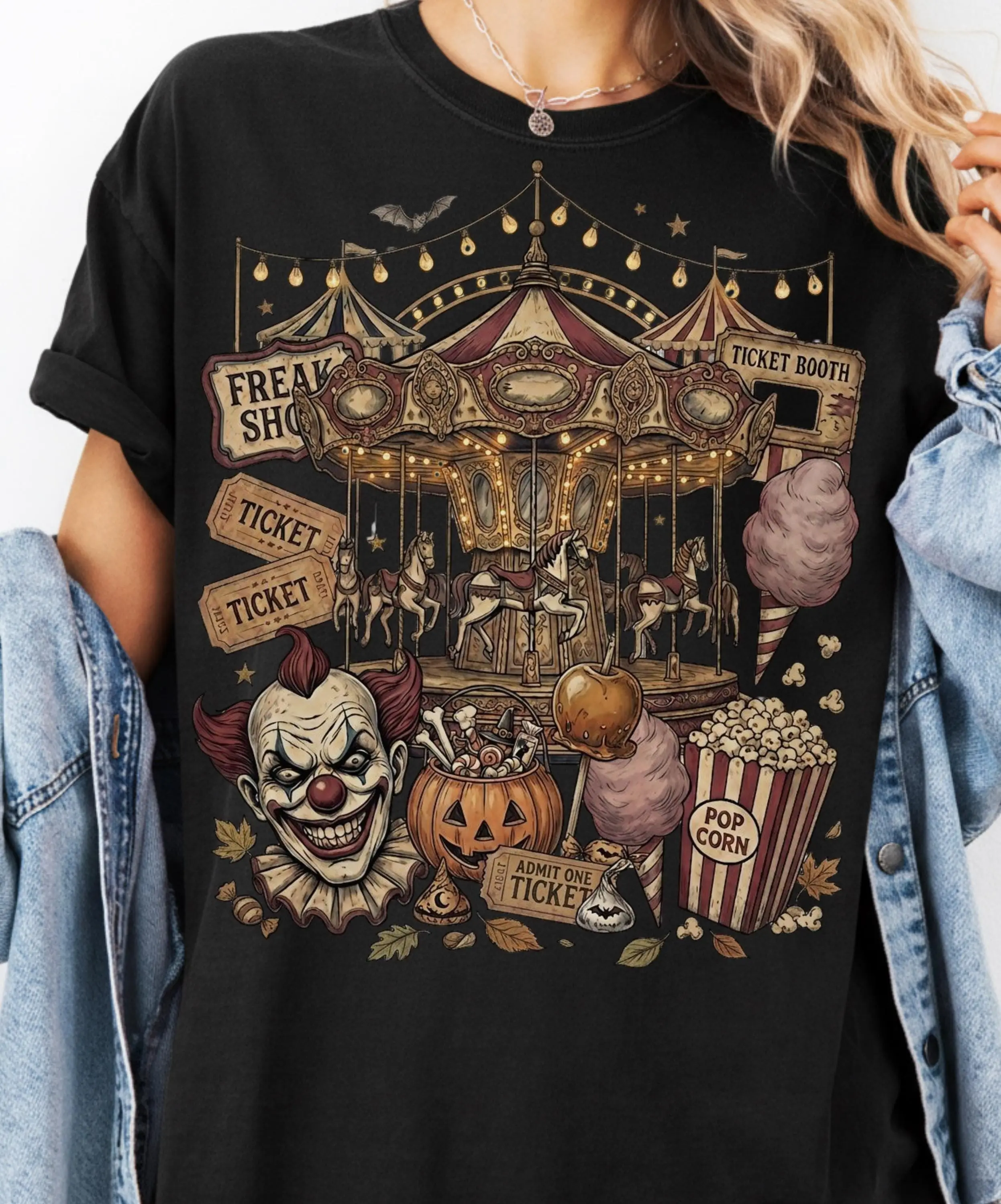 Vintage Halloween Haunted Carousel T-Shirt for Women, Creepy Clown Retro Horror Fair Graphic - photo 2
