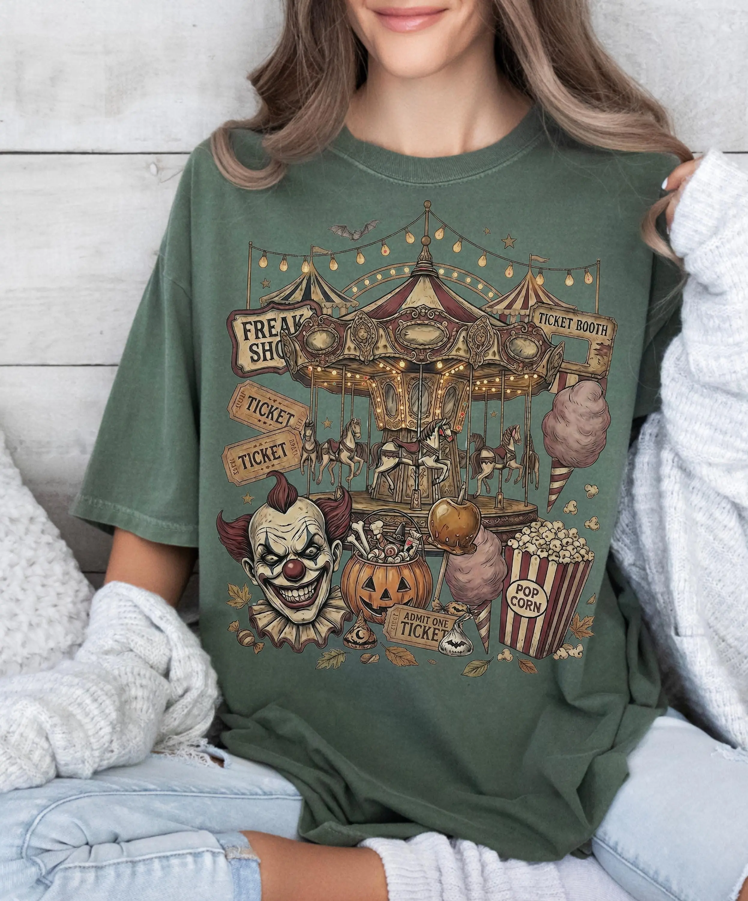 Vintage Halloween Haunted Carousel T-Shirt for Women, Creepy Clown Retro Horror Fair Graphic - photo 3