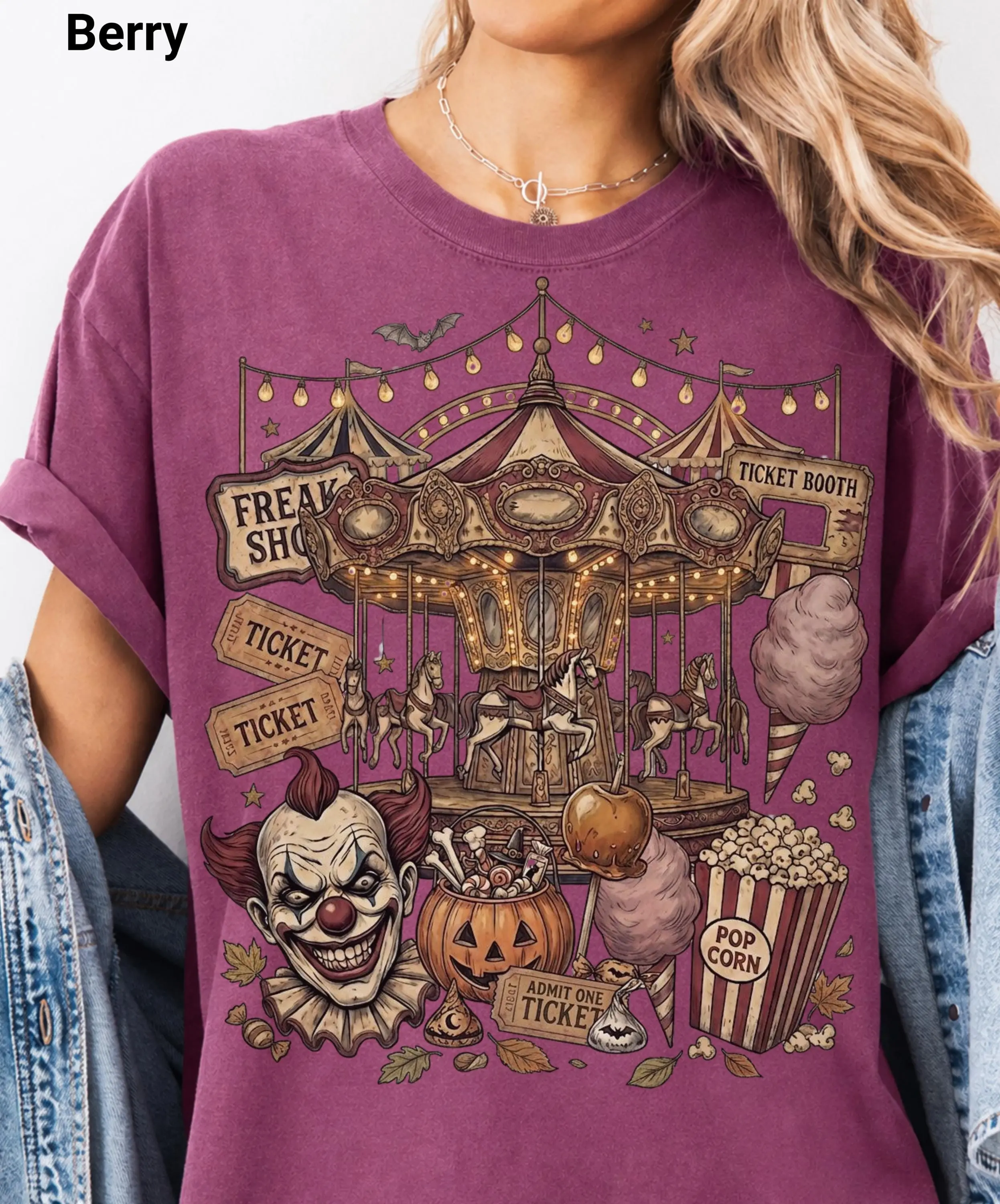 Vintage Halloween Haunted Carousel T-Shirt for Women, Creepy Clown Retro Horror Fair Graphic - photo 4