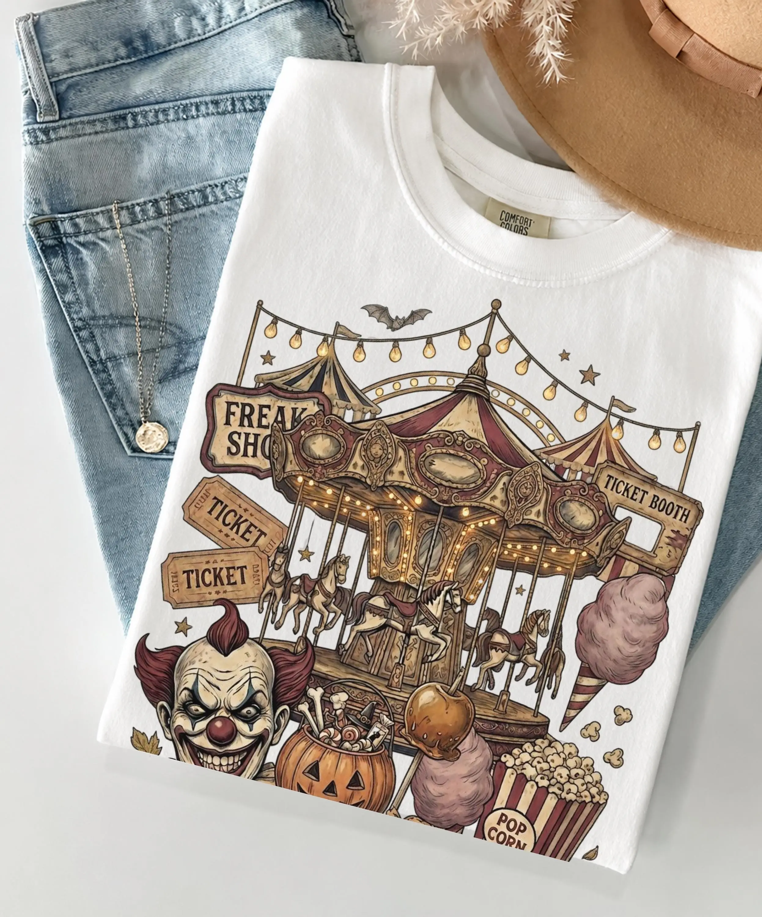 Vintage Halloween Haunted Carousel T-Shirt for Women, Creepy Clown Retro Horror Fair Graphic - photo 5