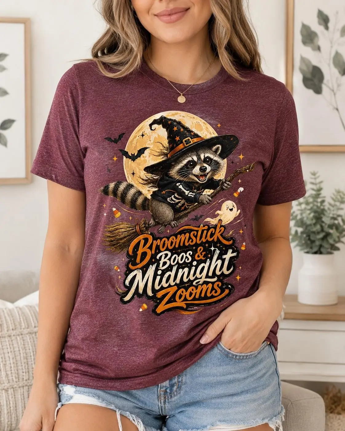 Women's Vintage Raccoon Witch Graphic Print Cotton Shirt, Halloween Short Sleeve Round Neck Casual Tee, Machine Washable Top