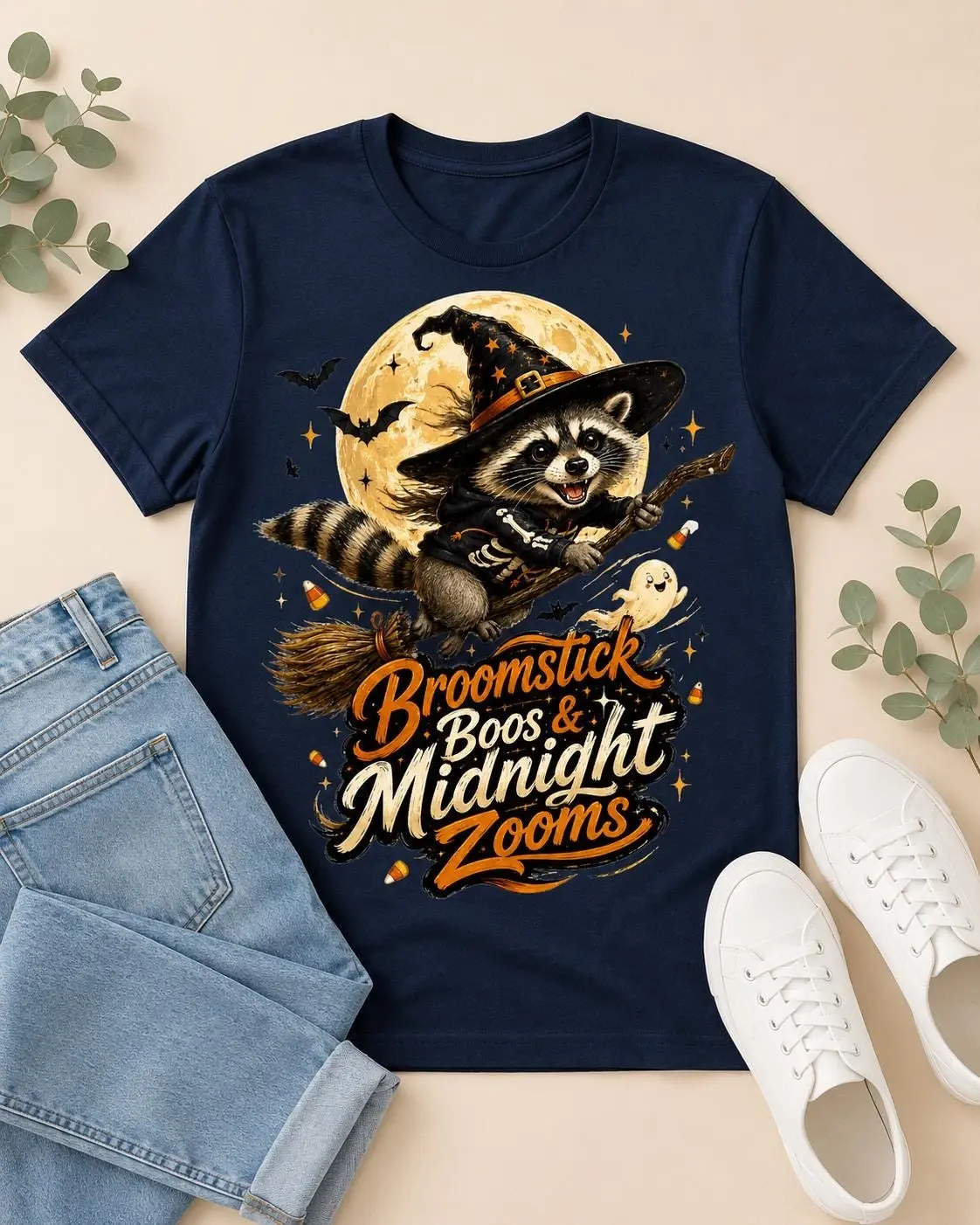 Women's Vintage Raccoon Witch Graphic Print Cotton Shirt, Halloween Short Sleeve Round Neck Casual Tee, Machine Washable Top - photo 2