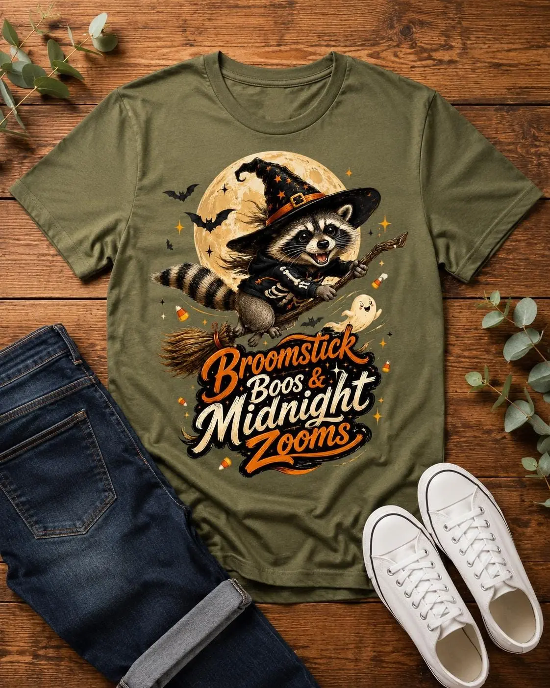 Women's Vintage Raccoon Witch Graphic Print Cotton Shirt, Halloween Short Sleeve Round Neck Casual Tee, Machine Washable Top - photo 3