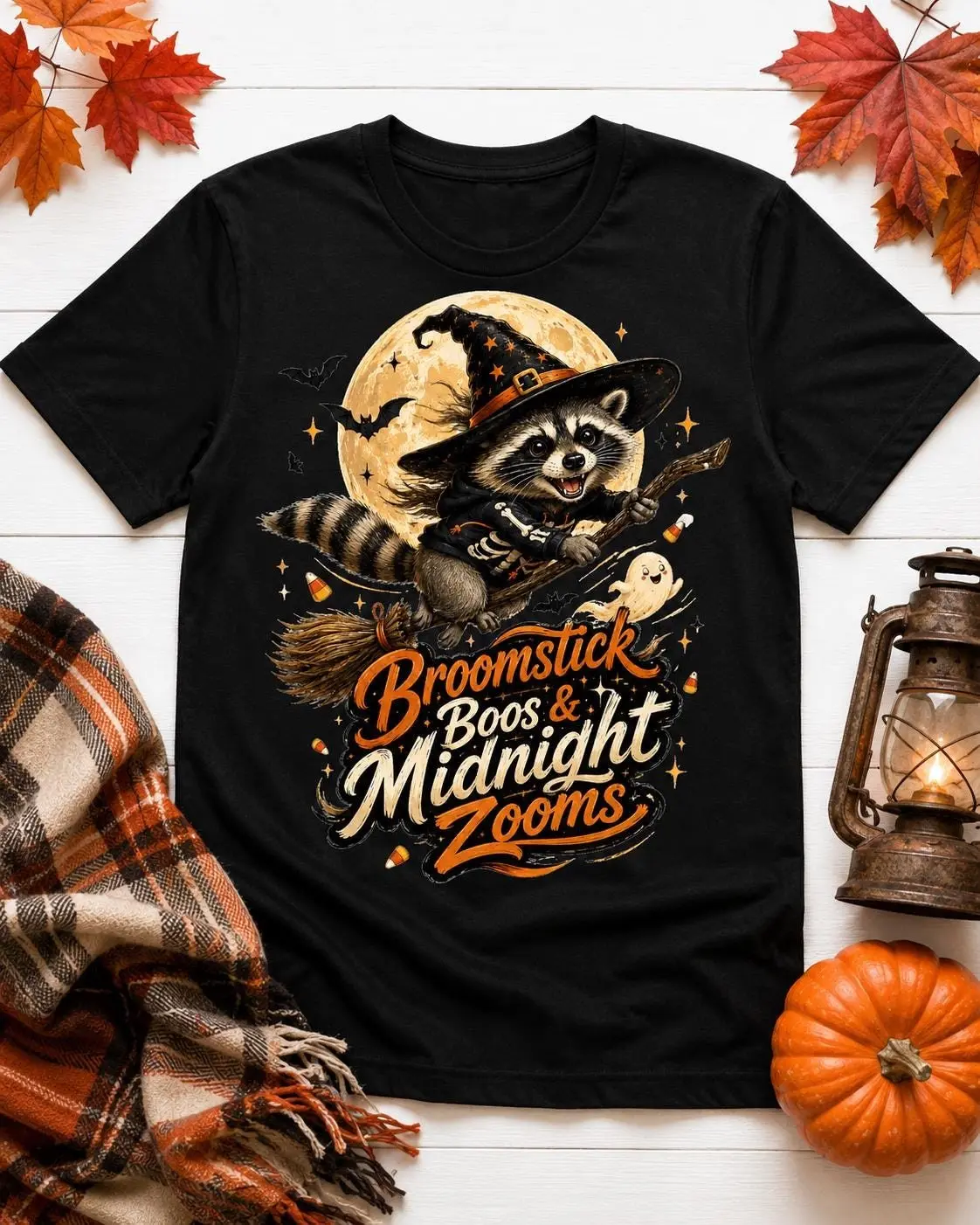 Women's Vintage Raccoon Witch Graphic Print Cotton Shirt, Halloween Short Sleeve Round Neck Casual Tee, Machine Washable Top - photo 4