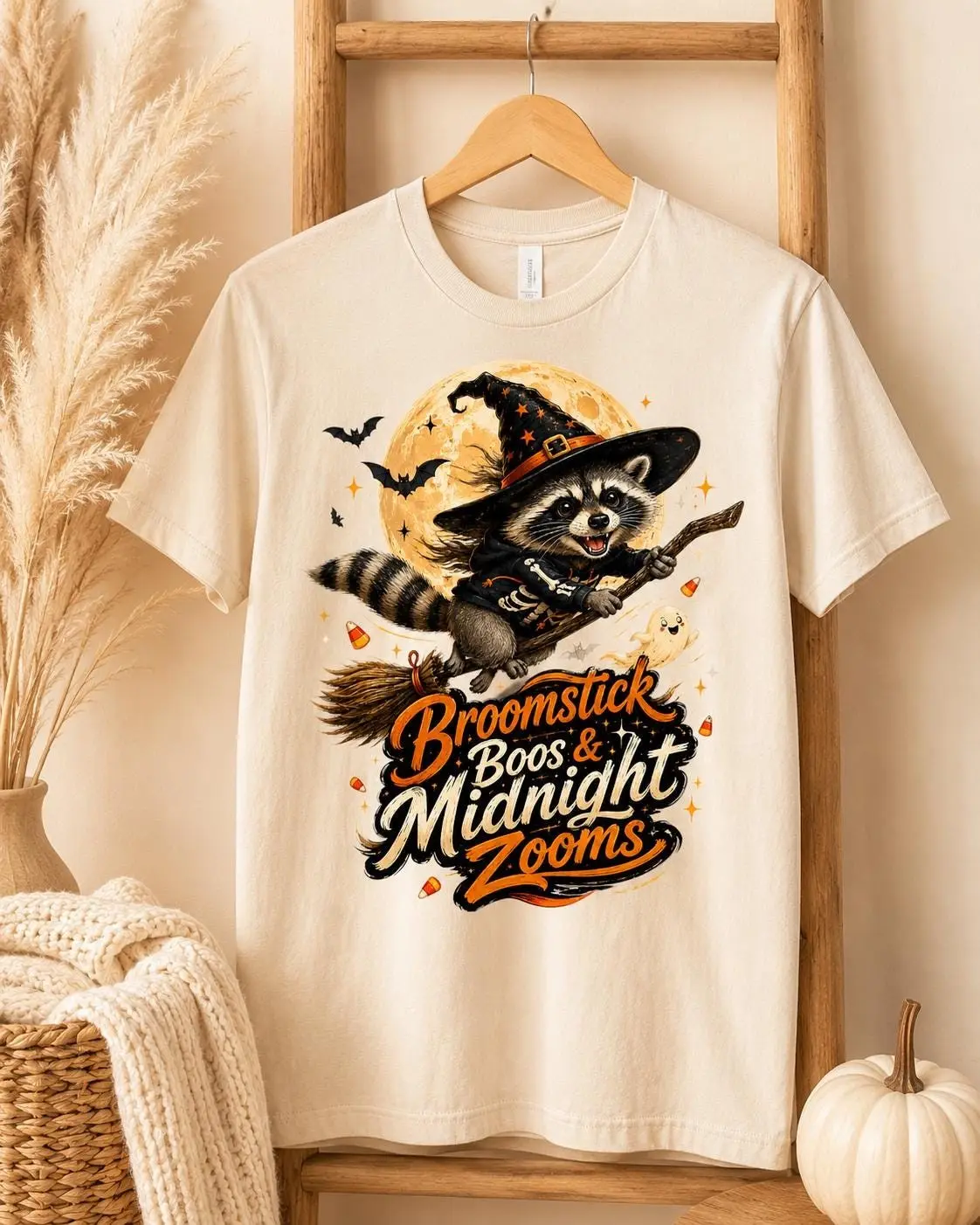 Women's Vintage Raccoon Witch Graphic Print Cotton Shirt, Halloween Short Sleeve Round Neck Casual Tee, Machine Washable Top - photo 5