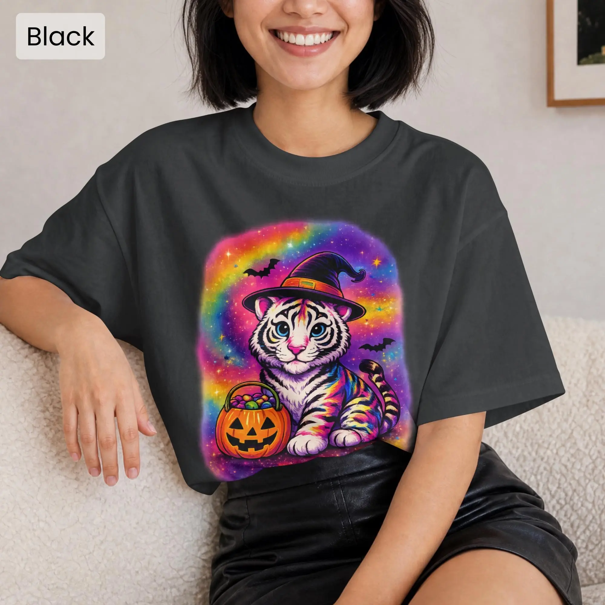 Comfort Colors Witchy Tiger Halloween T-Shirt, Retro 90s Short Sleeve Round Neck Casual Streetwear Tee - photo 5