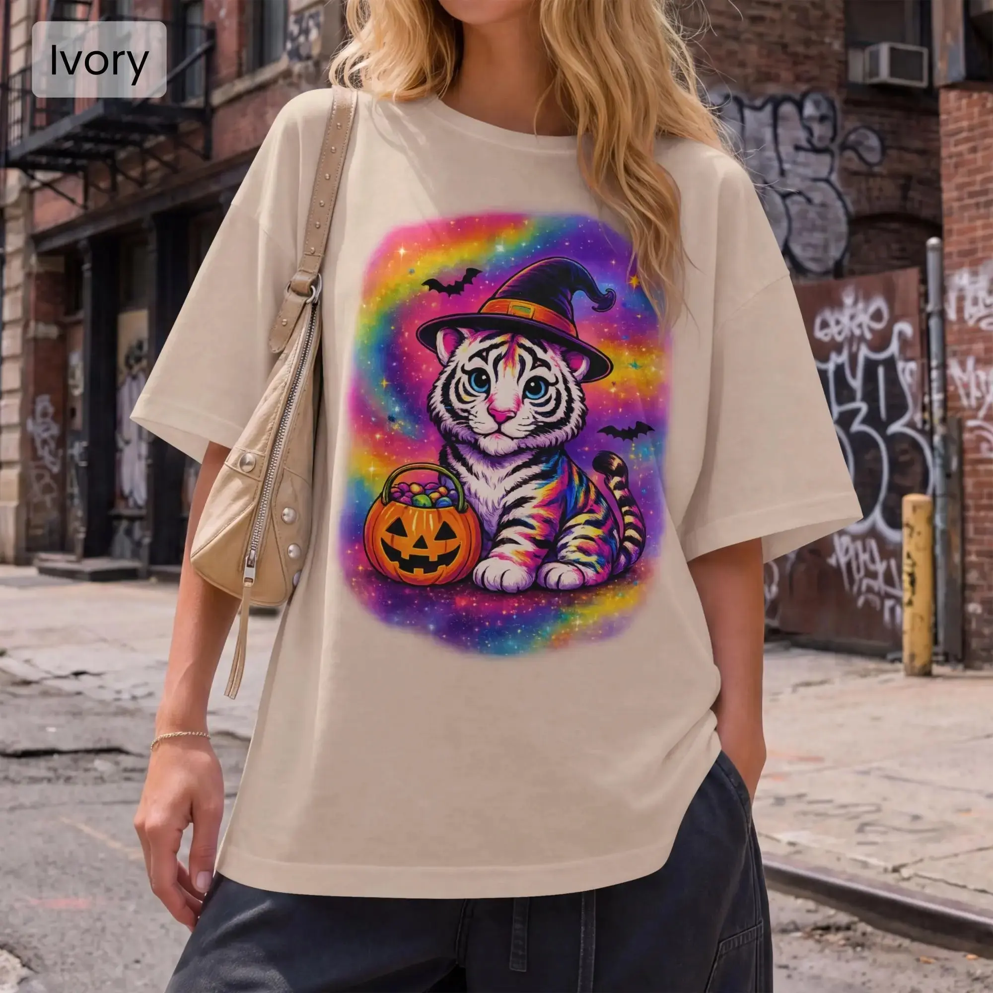 Women's Witchy Tiger Halloween T-Shirt, Retro 90s Graphic Short Sleeve Tee, Comfort Colors Vintage Casual Streetwear Top - photo 1