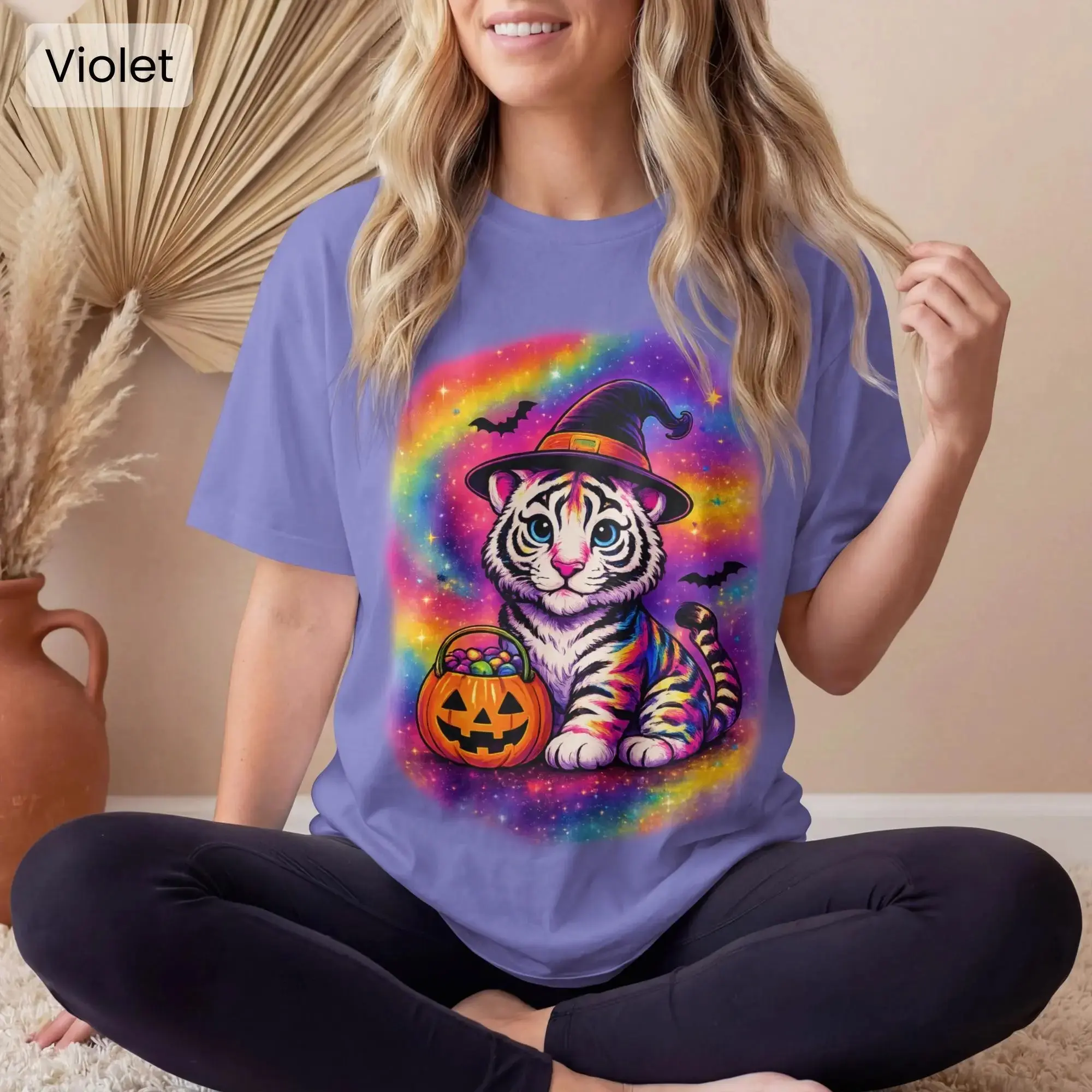 Women's Witchy Tiger Halloween T-Shirt, Retro 90s Graphic Short Sleeve Tee, Comfort Colors Vintage Casual Streetwear Top - photo 2