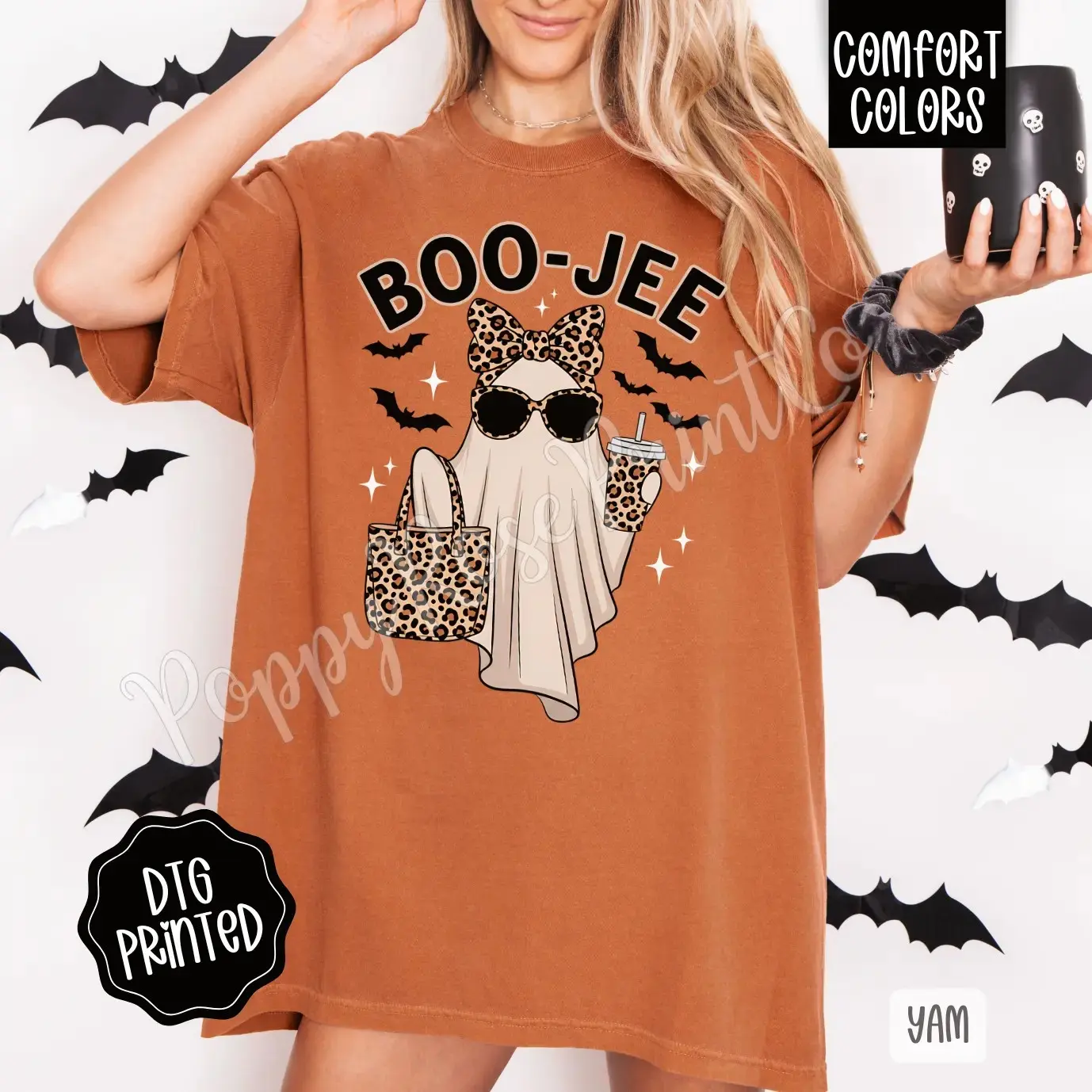 Womens Comfort Colors Halloween Shirt, Trendy Boojee Ghost Graphic Tee, Spooky Fall Top - photo 2