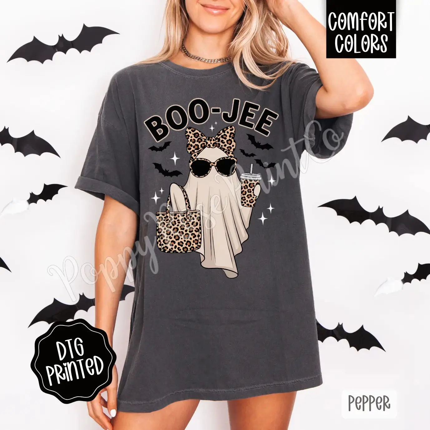 Womens Comfort Colors Halloween Shirt, Trendy Boojee Ghost Graphic Tee, Spooky Fall Top - photo 3
