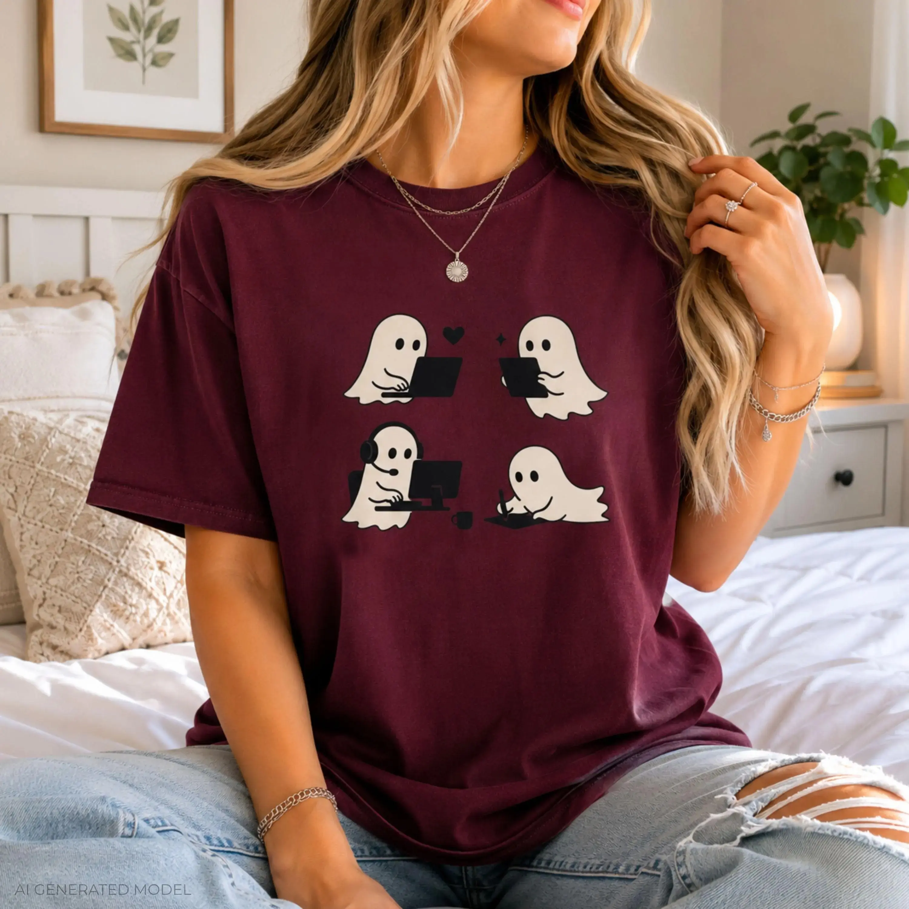 Summerween Pastel Goth Halloween Tee for Women, Cute Ghost Bat Graphic Short Sleeve Cotton T-Shirt, Customizable Casual Top - photo 3