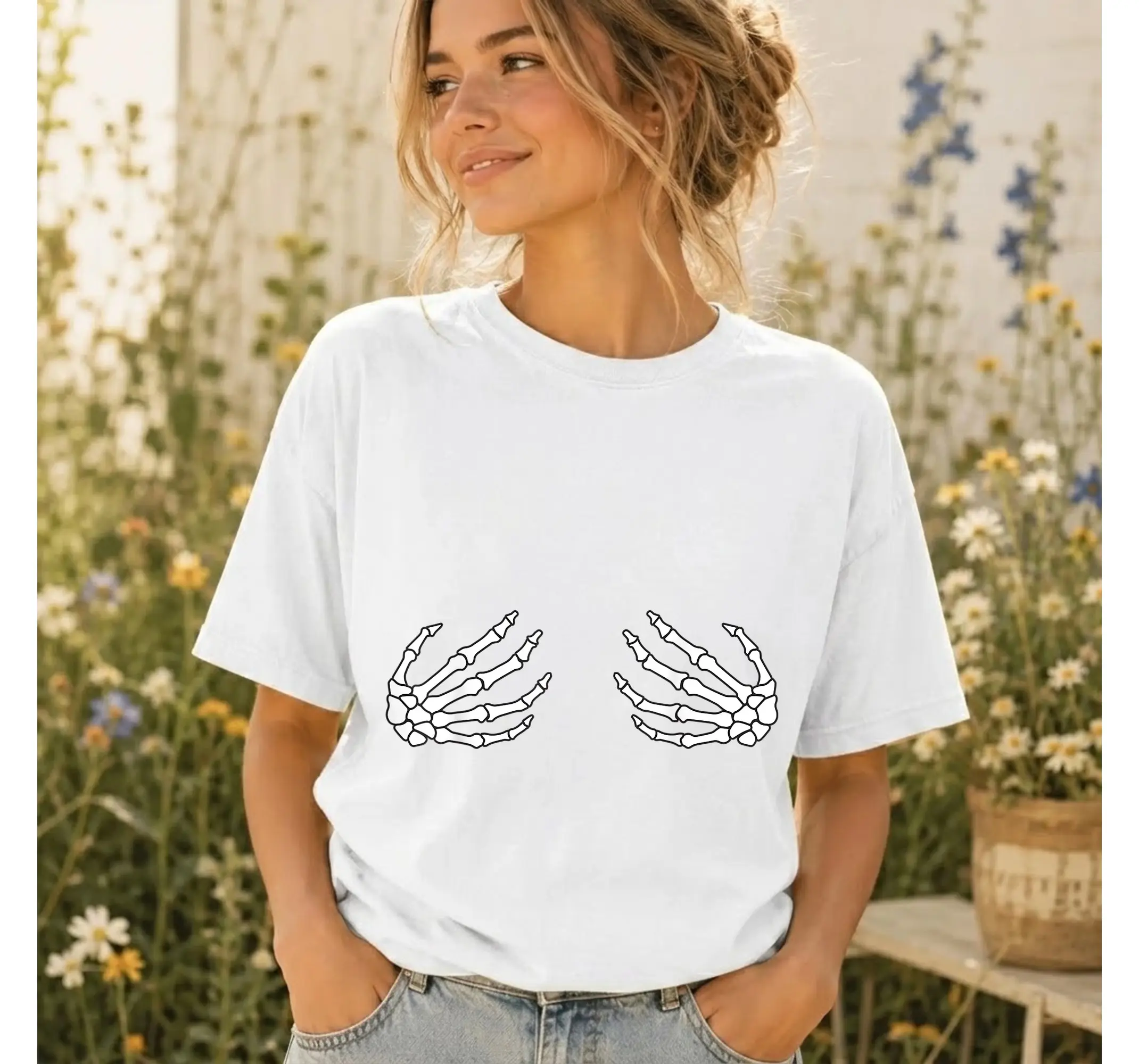 Womens Funny Skeleton Hands Chest Graphic Tee, Spooky Halloween Season Top