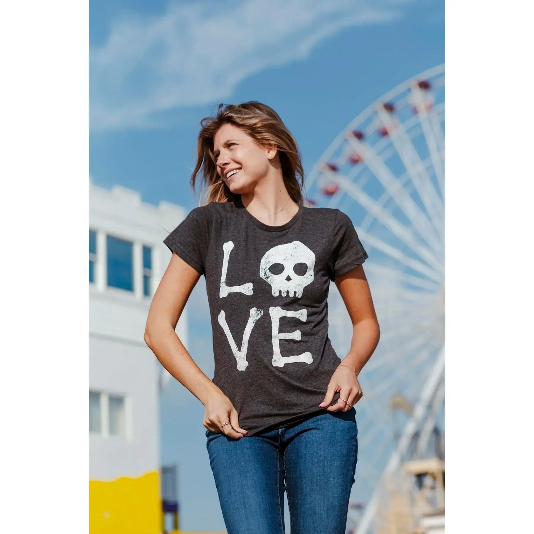 Womens Love Skull T-Shirt, Funny Skeleton Bones Halloween Graphic Tee, Cute Vintage Casual Novelty Black Top Gift - photo 4