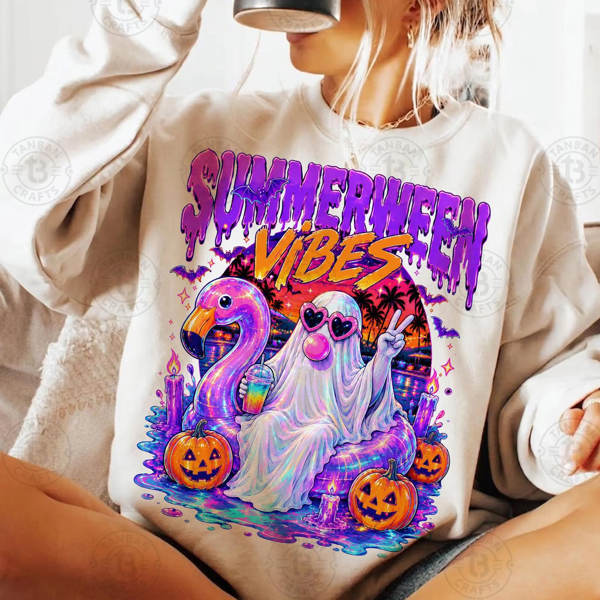 Womens Spooky Pool Float Bubble Gum Halloween T-Shirt, Girly Haunted House Graphic Tee, Trendy Floral Fall Brushstroke Top - photo 2