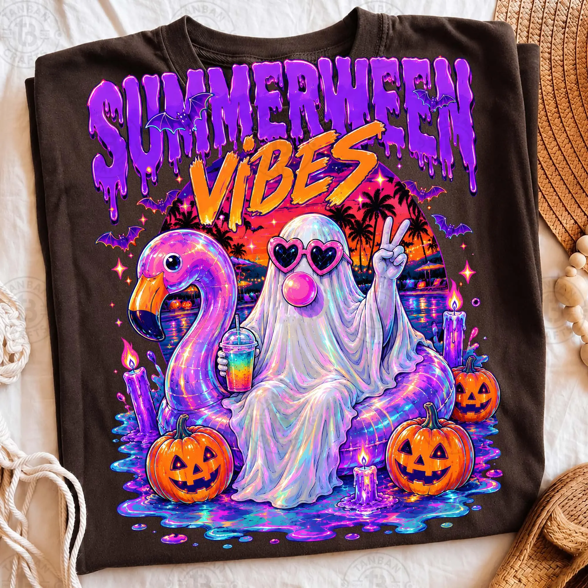 Womens Spooky Pool Float Bubble Gum Halloween T-Shirt, Girly Haunted House Graphic Tee, Trendy Floral Fall Brushstroke Top - photo 3