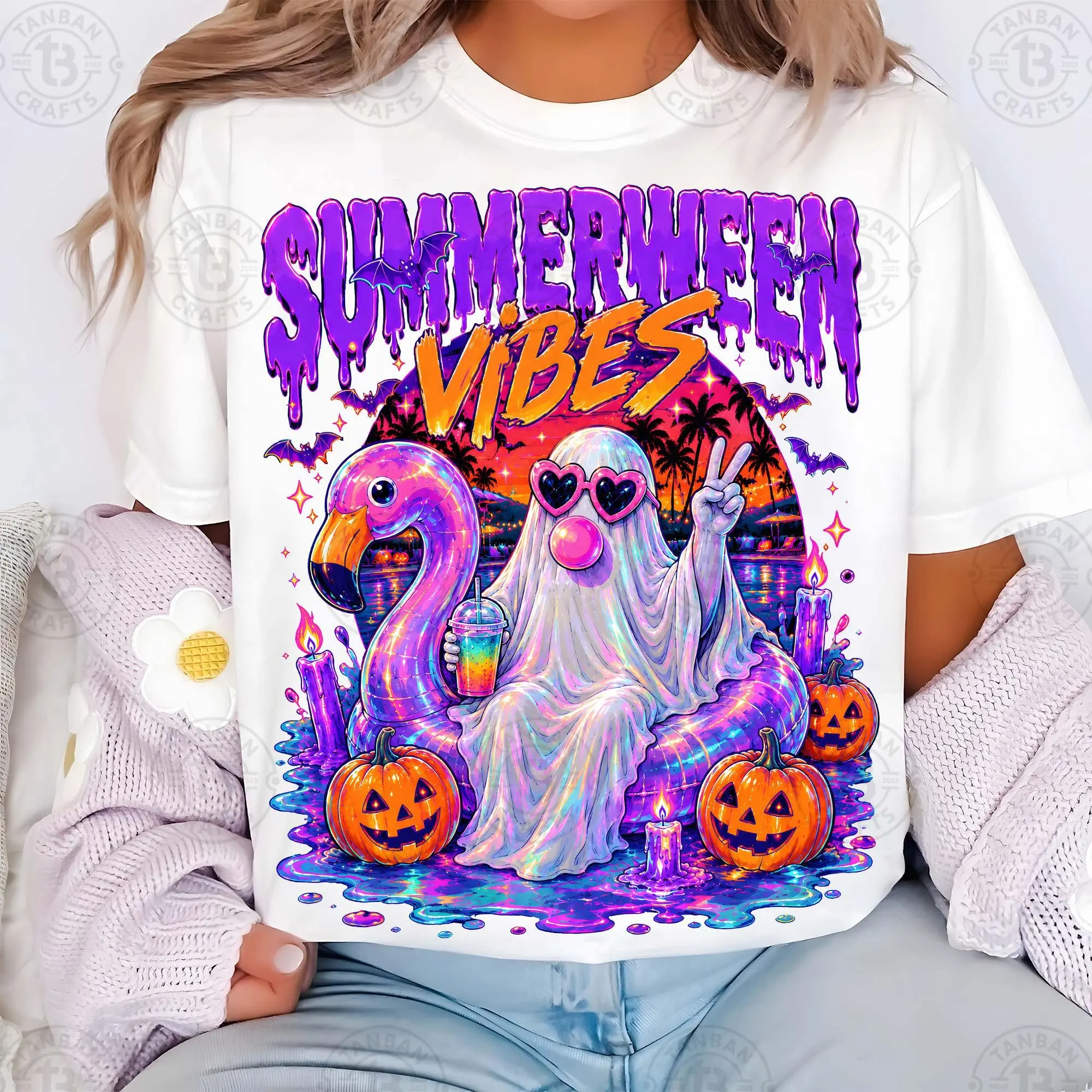 Womens Spooky Pool Float Bubble Gum Halloween T-Shirt, Girly Haunted House Graphic Tee, Trendy Floral Fall Brushstroke Top - photo 4