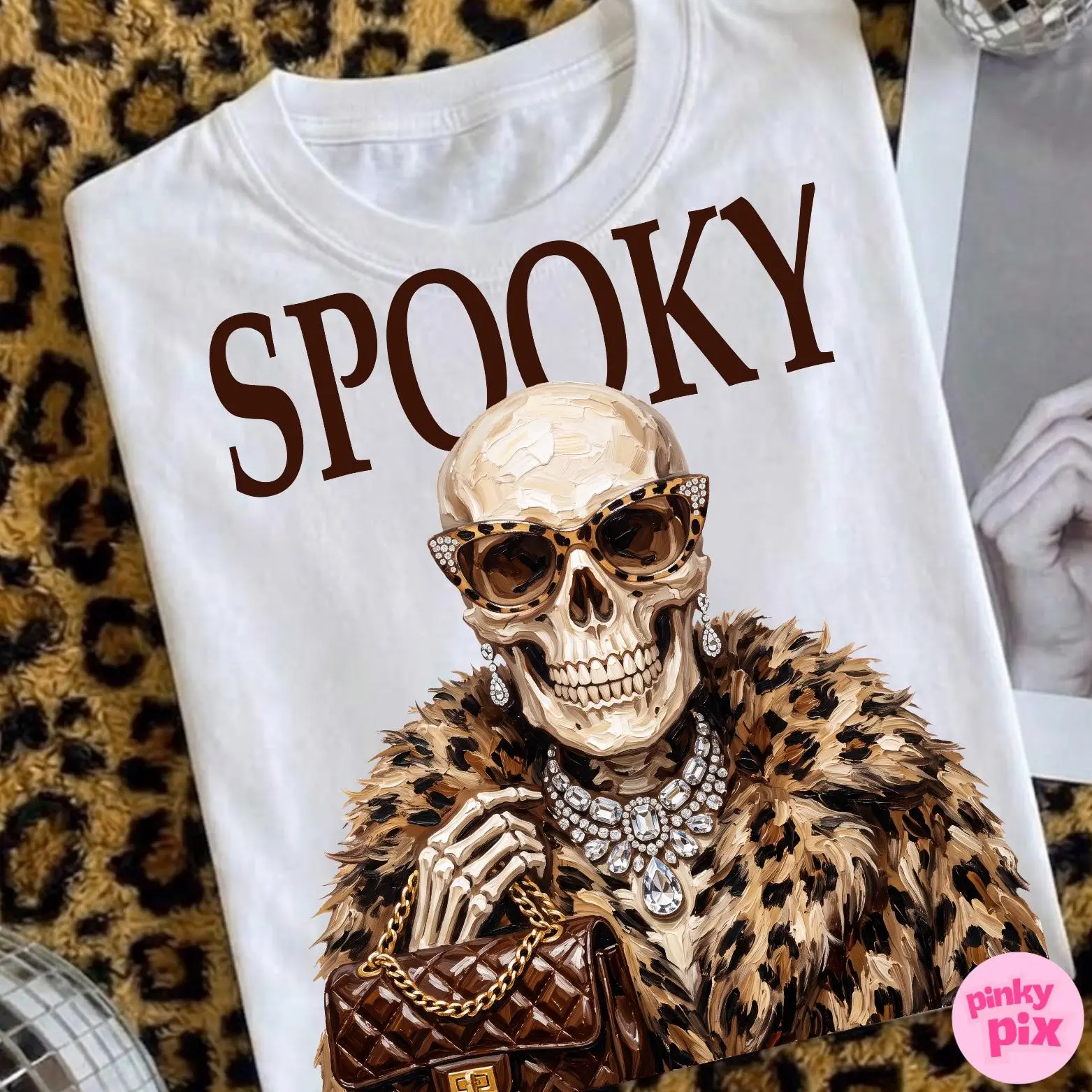 Comfort Colors Spooky Skeleton Halloween T-Shirt, Leopard Print Boujee Glam Diamond Graphic Tee for Women