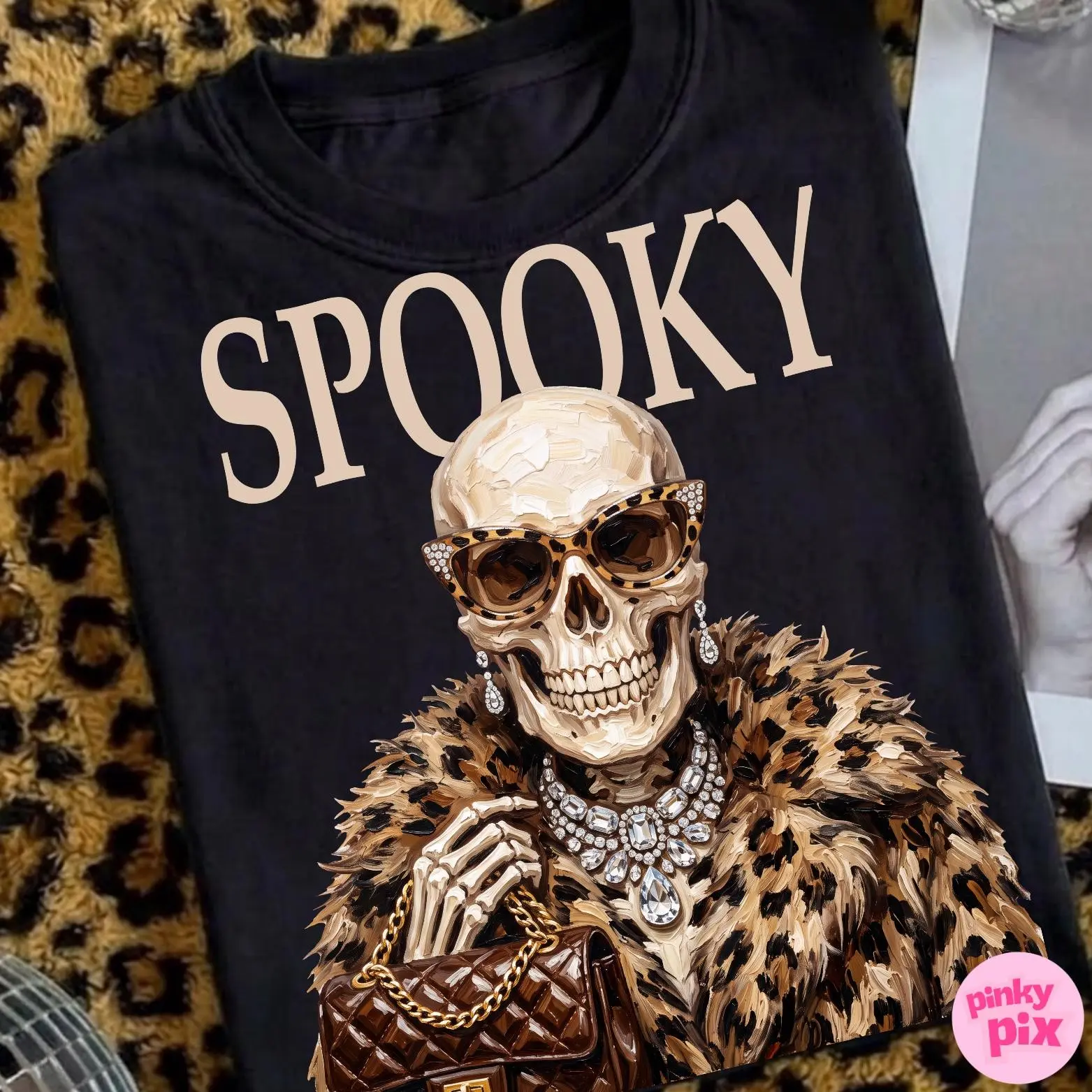 Comfort Colors Spooky Skeleton Halloween T-Shirt, Leopard Print Boujee Glam Diamond Graphic Tee for Women - photo 3