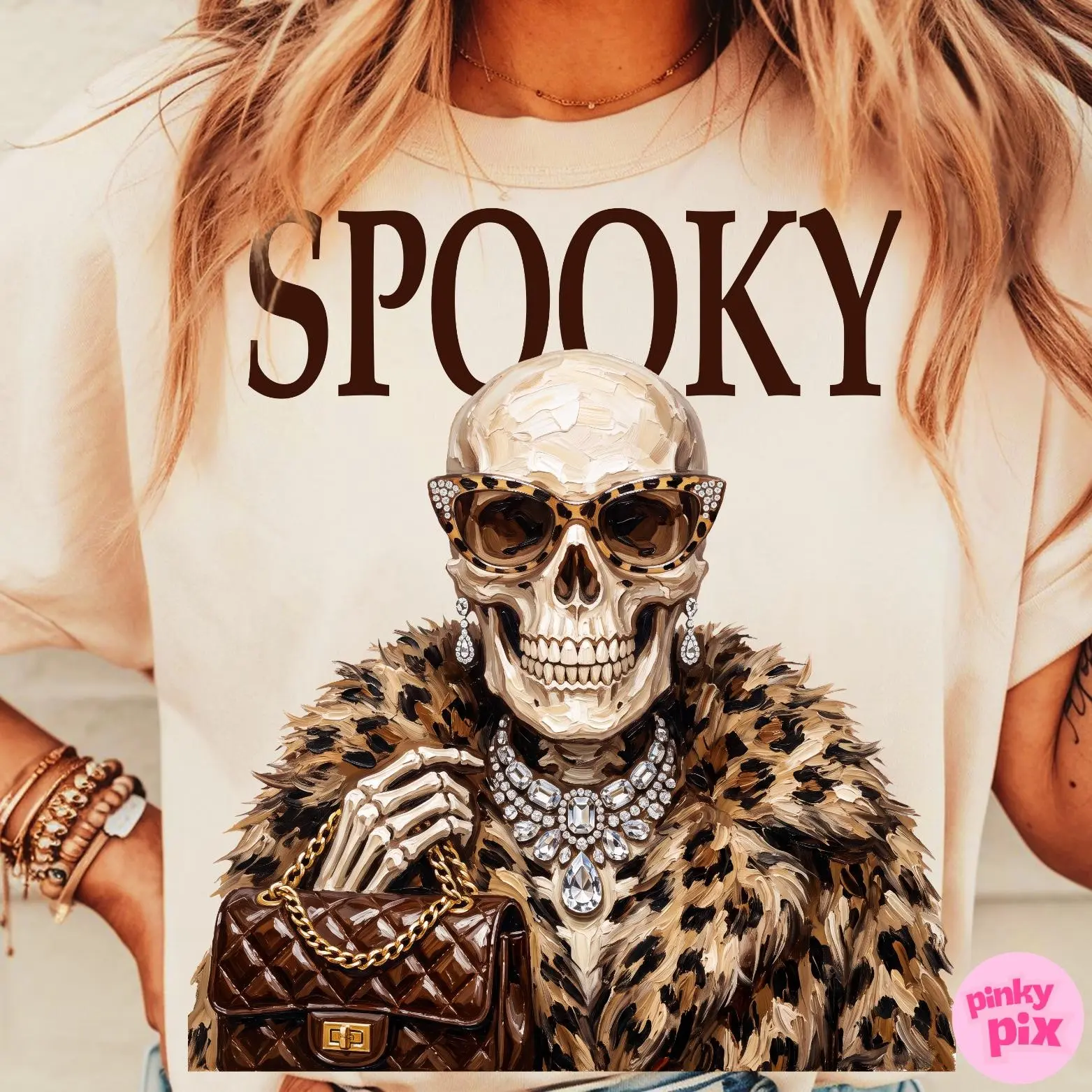 Comfort Colors Spooky Skeleton Halloween T-Shirt, Leopard Print Boujee Glam Diamond Graphic Tee for Women - photo 4