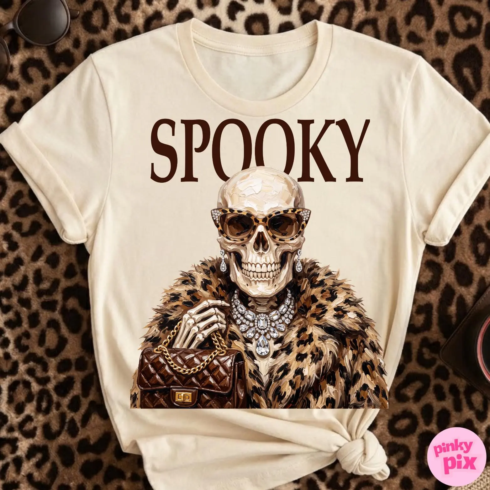 Comfort Colors Spooky Skeleton Halloween T-Shirt, Leopard Print Boujee Glam Diamond Graphic Tee for Women - photo 5