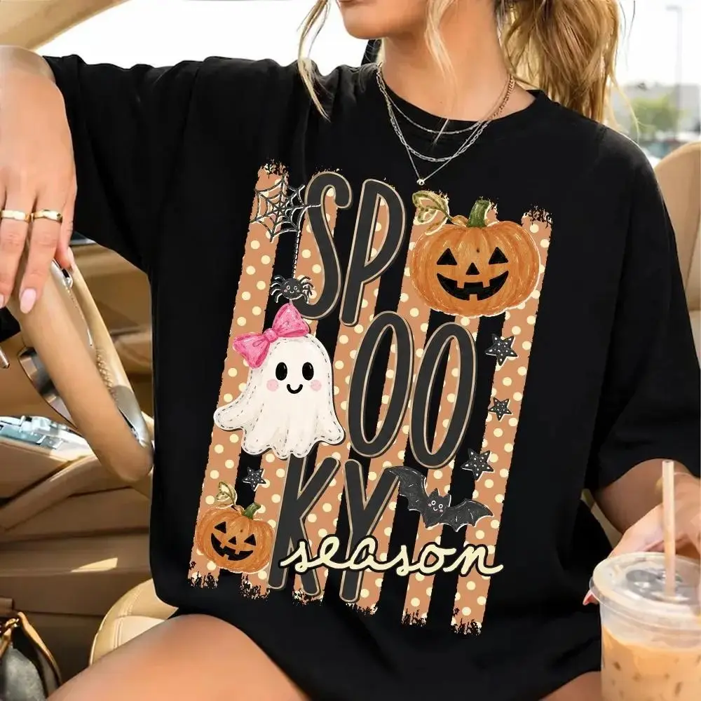 Womens Spooky Striped Halloween Ghost Shirt, Coquette Pumpkin Bats Distressed Trendy Fall Graphic Tee