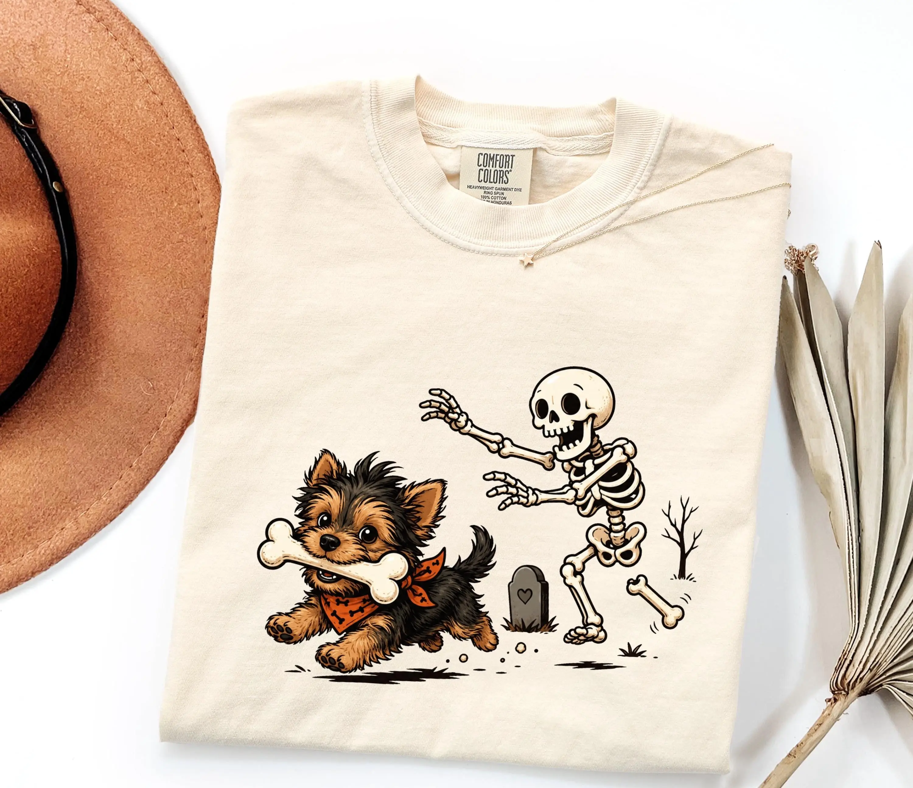 Yorkie Halloween Graphic Comfort Colors Tee, Spooky Skeleton Dog T-Shirt, Funny Puppy Lover Gift