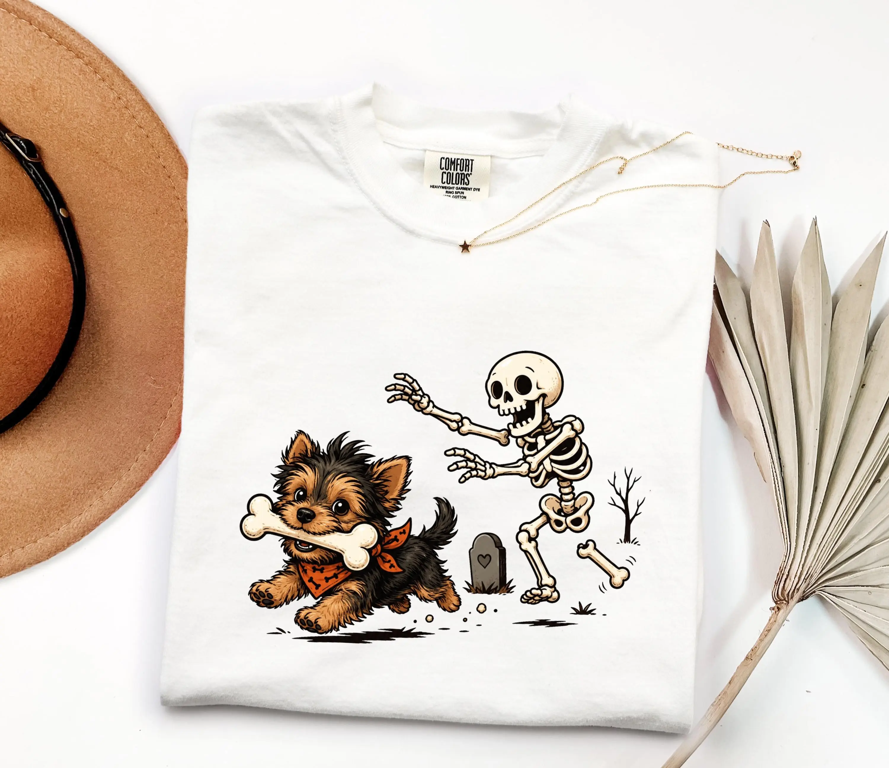 Yorkie Halloween Graphic Comfort Colors Tee, Spooky Skeleton Dog T-Shirt, Funny Puppy Lover Gift - photo 2