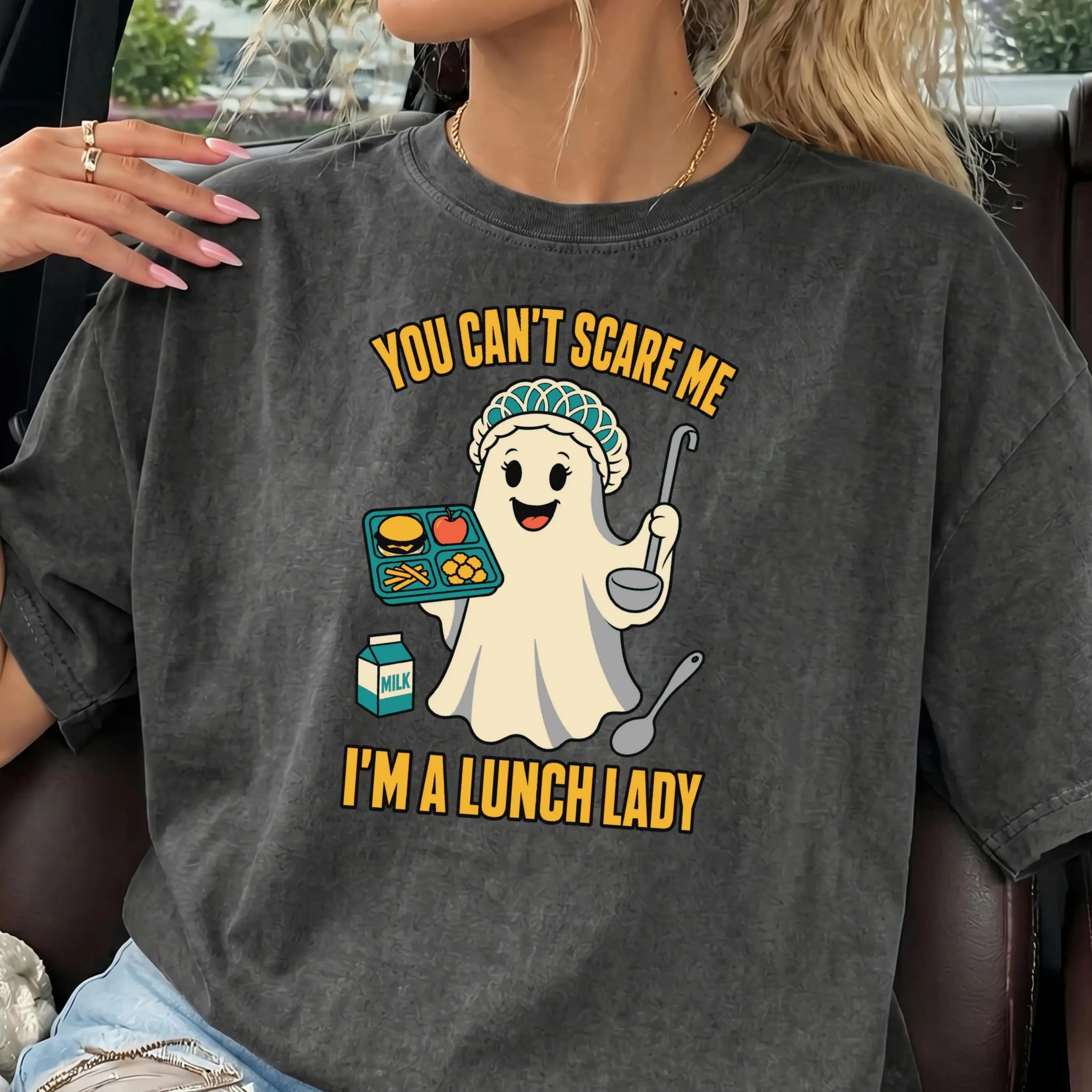 You Can't Scare Me Lunch Lady Shirt, Comfort Colors Funny Halloween Ghost Cafeteria School Crew Tee - photo 2