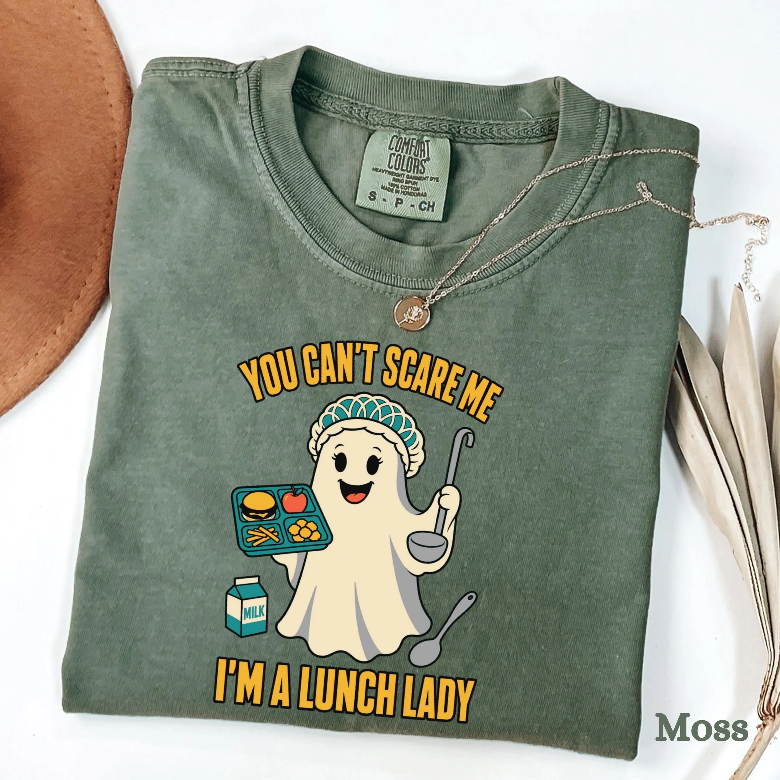 You Can't Scare Me Lunch Lady Shirt, Comfort Colors Funny Halloween Ghost Cafeteria School Crew Tee - photo 3